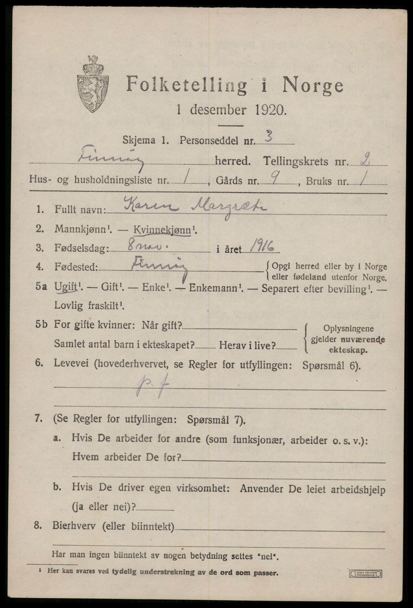 SAST, 1920 census for Finnøy, 1920, p. 1304