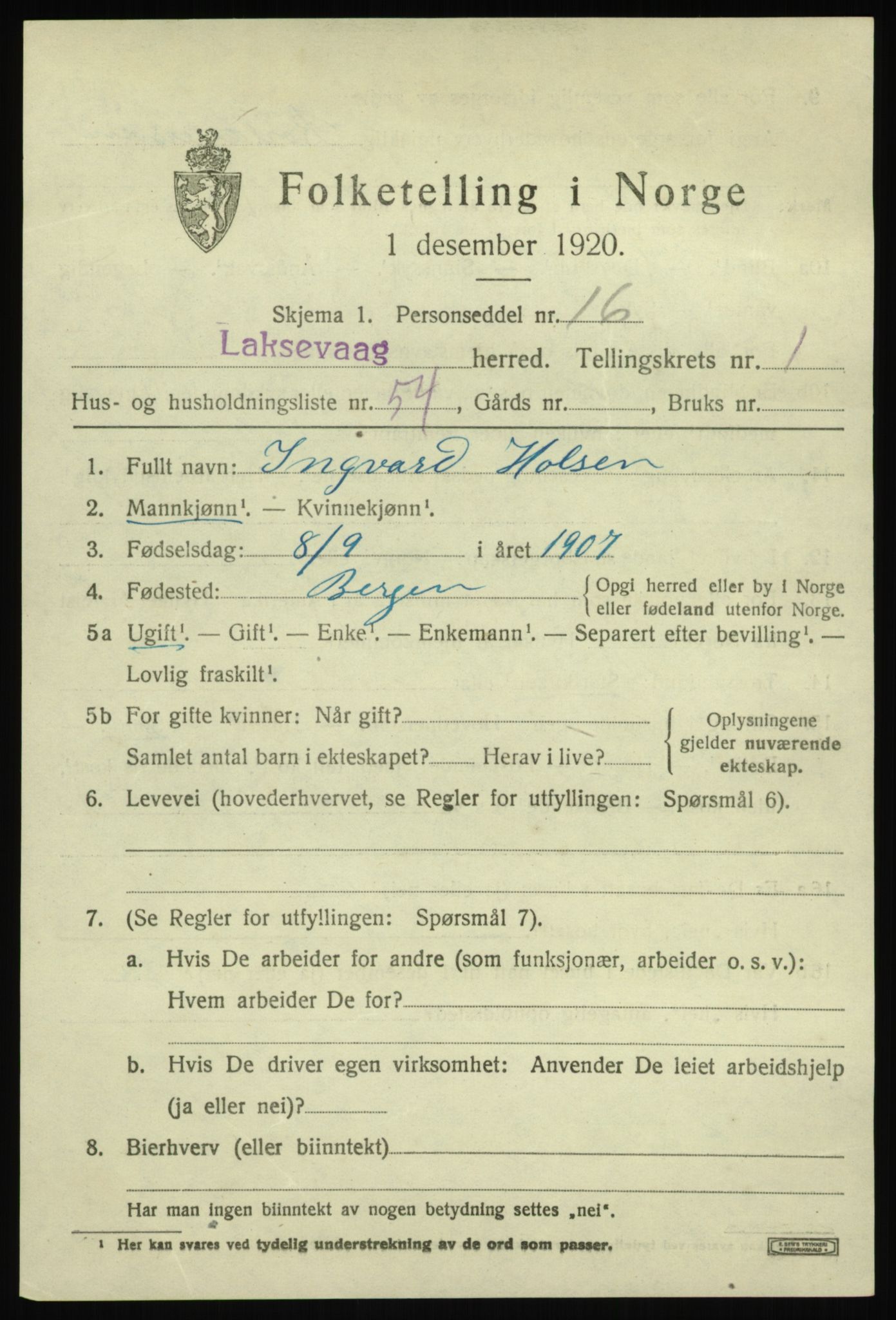 SAB, 1920 census for Laksevåg, 1920, p. 3798