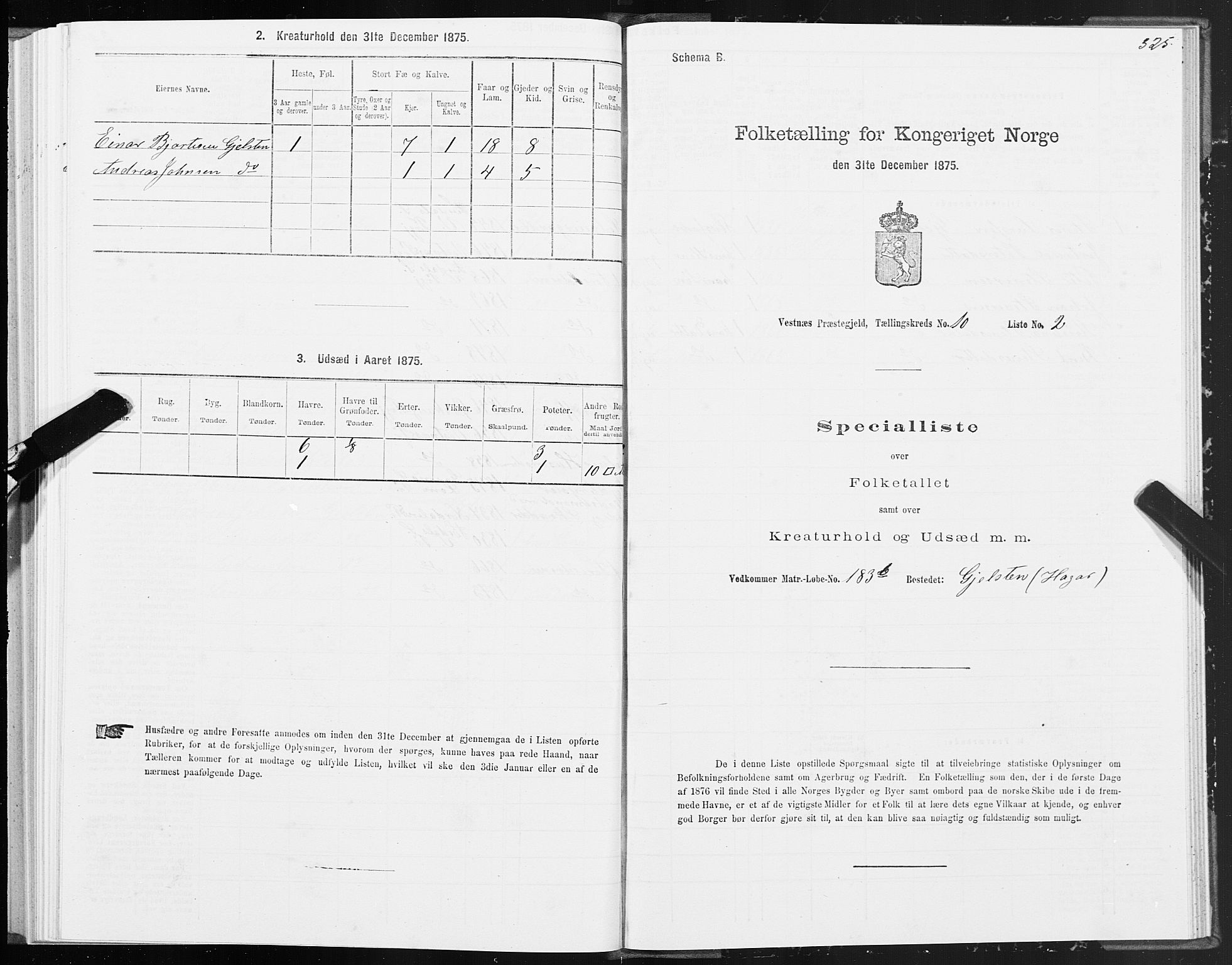 SAT, 1875 census for 1535P Vestnes, 1875, p. 3325