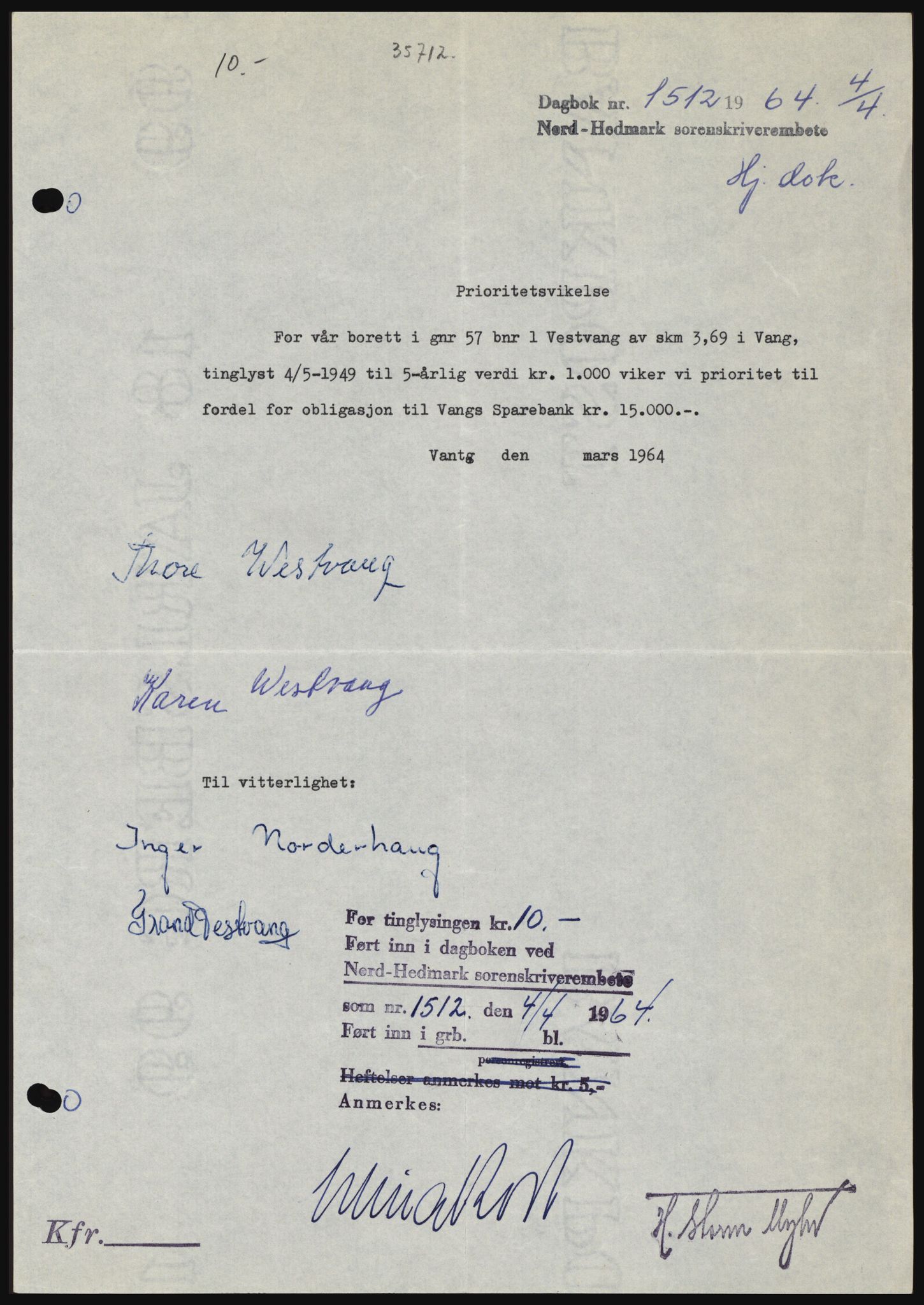 Nord-Hedmark sorenskriveri, SAH/TING-012/H/Hc/L0019: Mortgage book no. 19, 1963-1964, Diary no: : 1512/1964