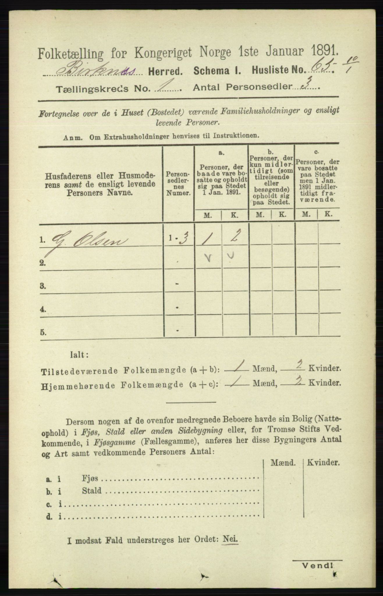 RA, 1891 Census for 0928 Birkenes, 1891, p. 85