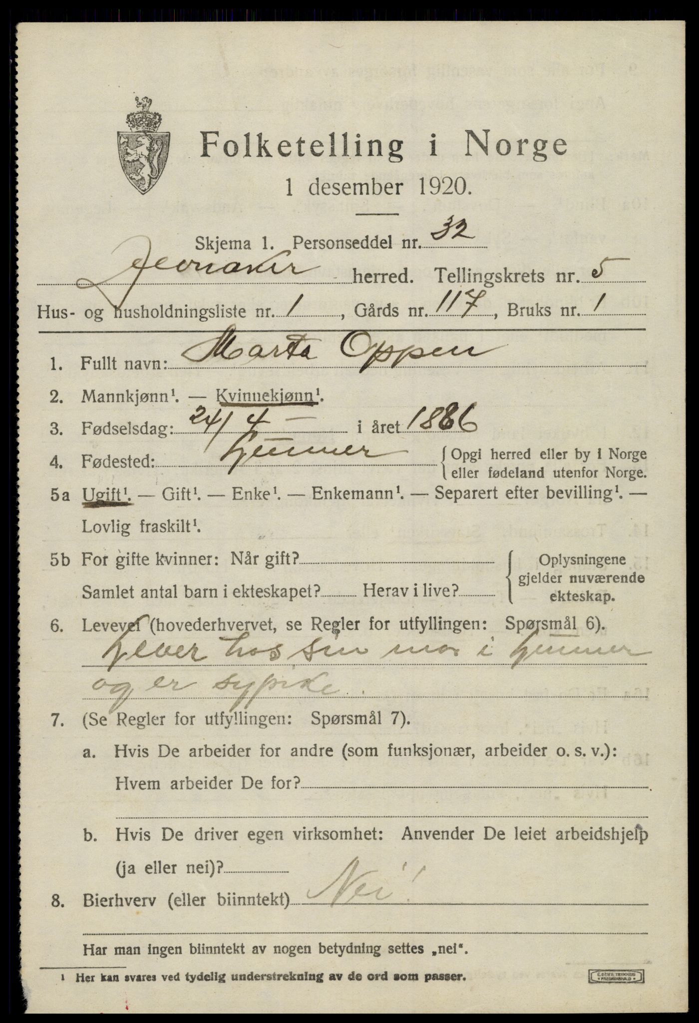 SAH, 1920 census for Jevnaker, 1920, p. 7833