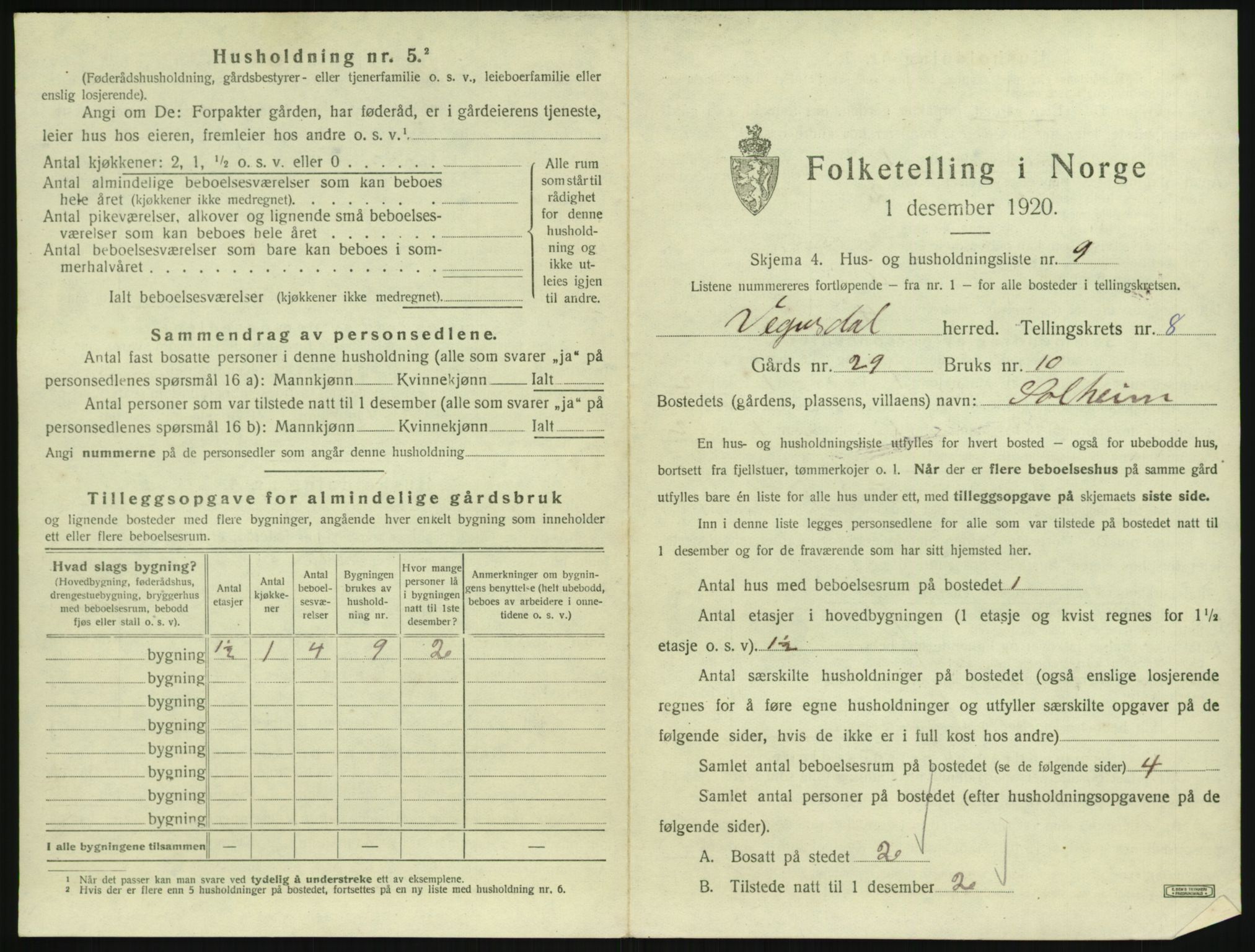 SAK, 1920 census for Vegusdal, 1920, p. 313