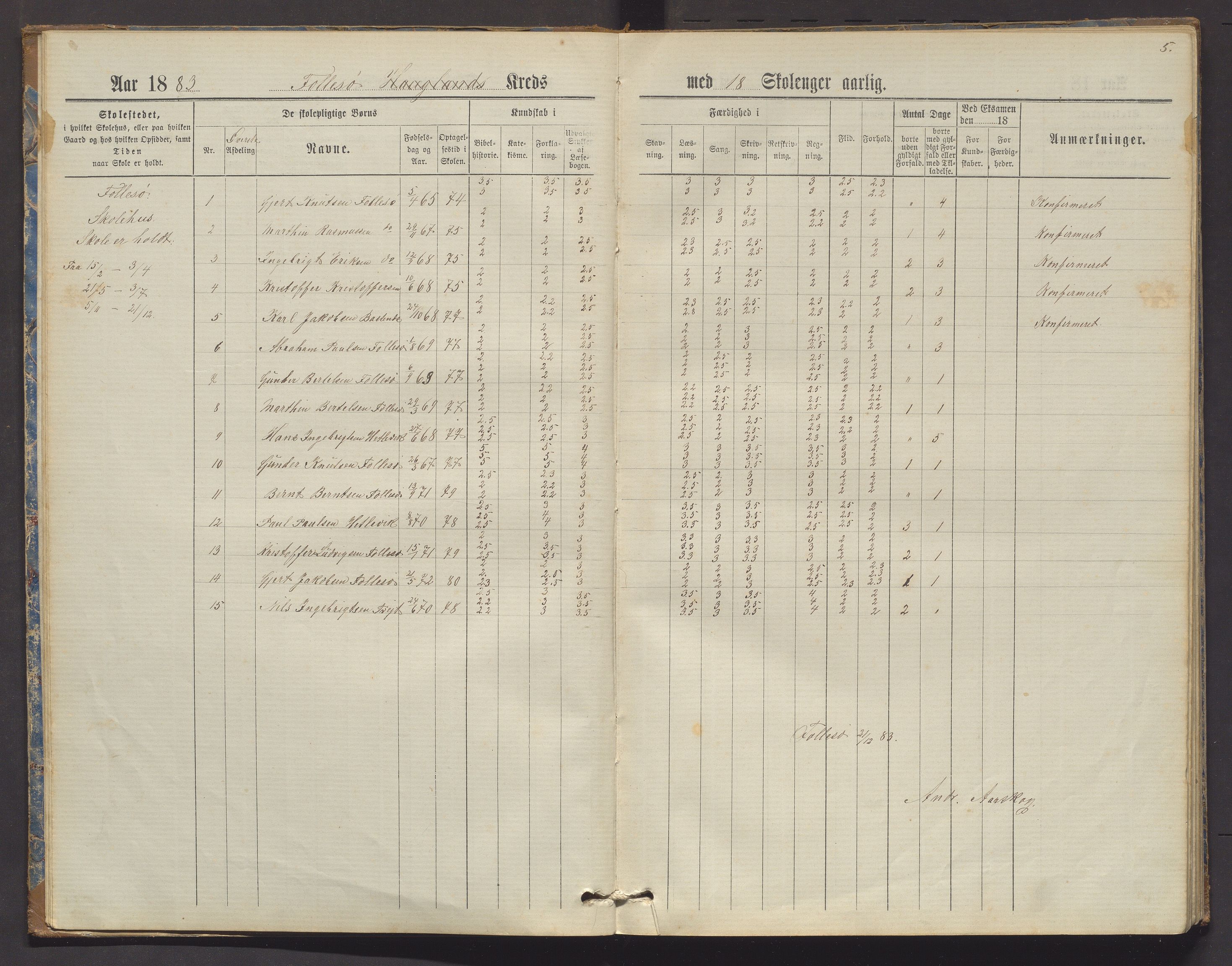 Askøy kommune. Barneskulane, IKAH/1247-231/F/Fd/L0002: Skuleprotokoll for Follese og Haugland krinsar, 1882-1893