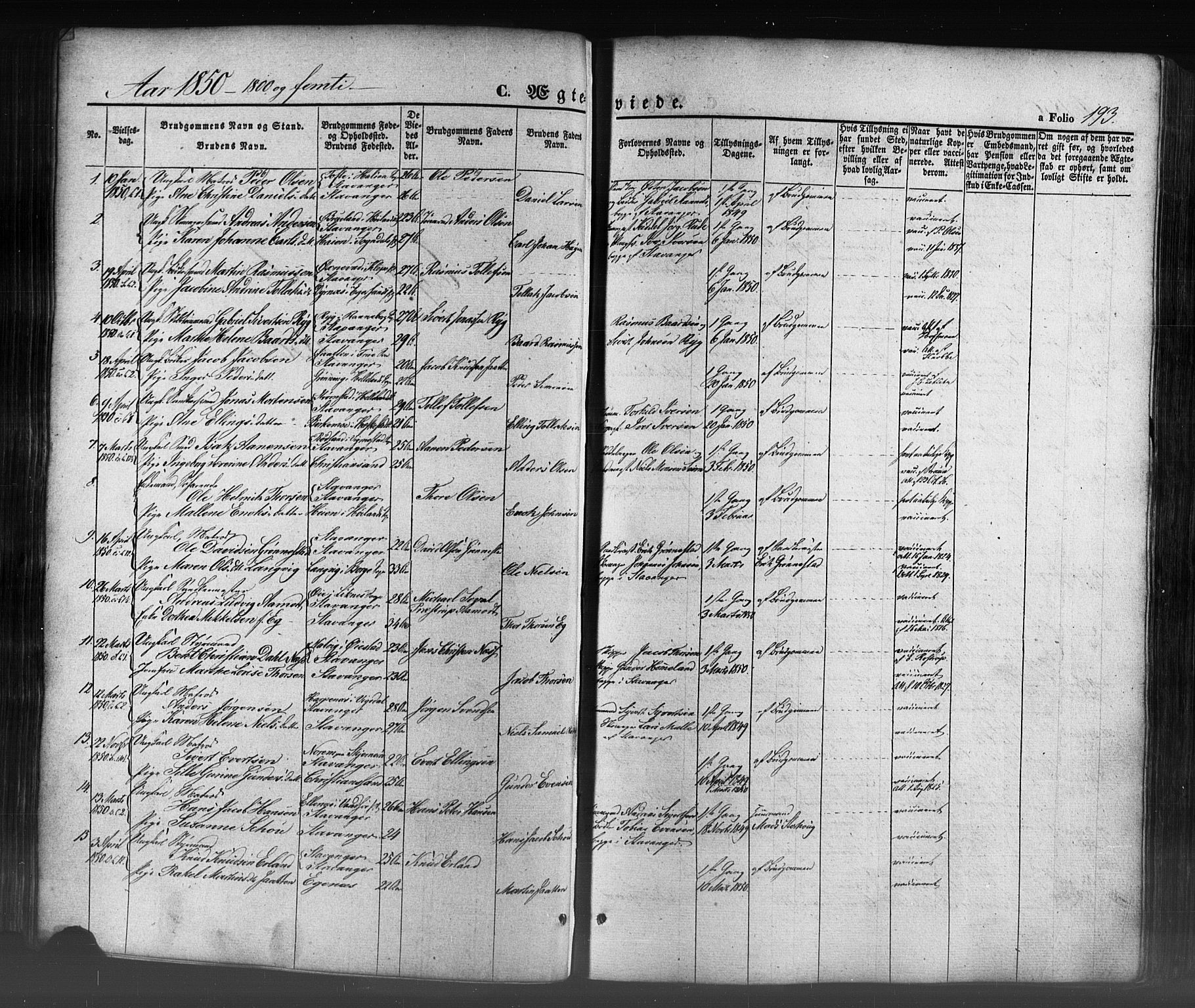 Domkirken sokneprestkontor, SAST/A-101812/001/30/30BB/L0009: Parish register (copy) no. B 9, 1850-1858, p. 193