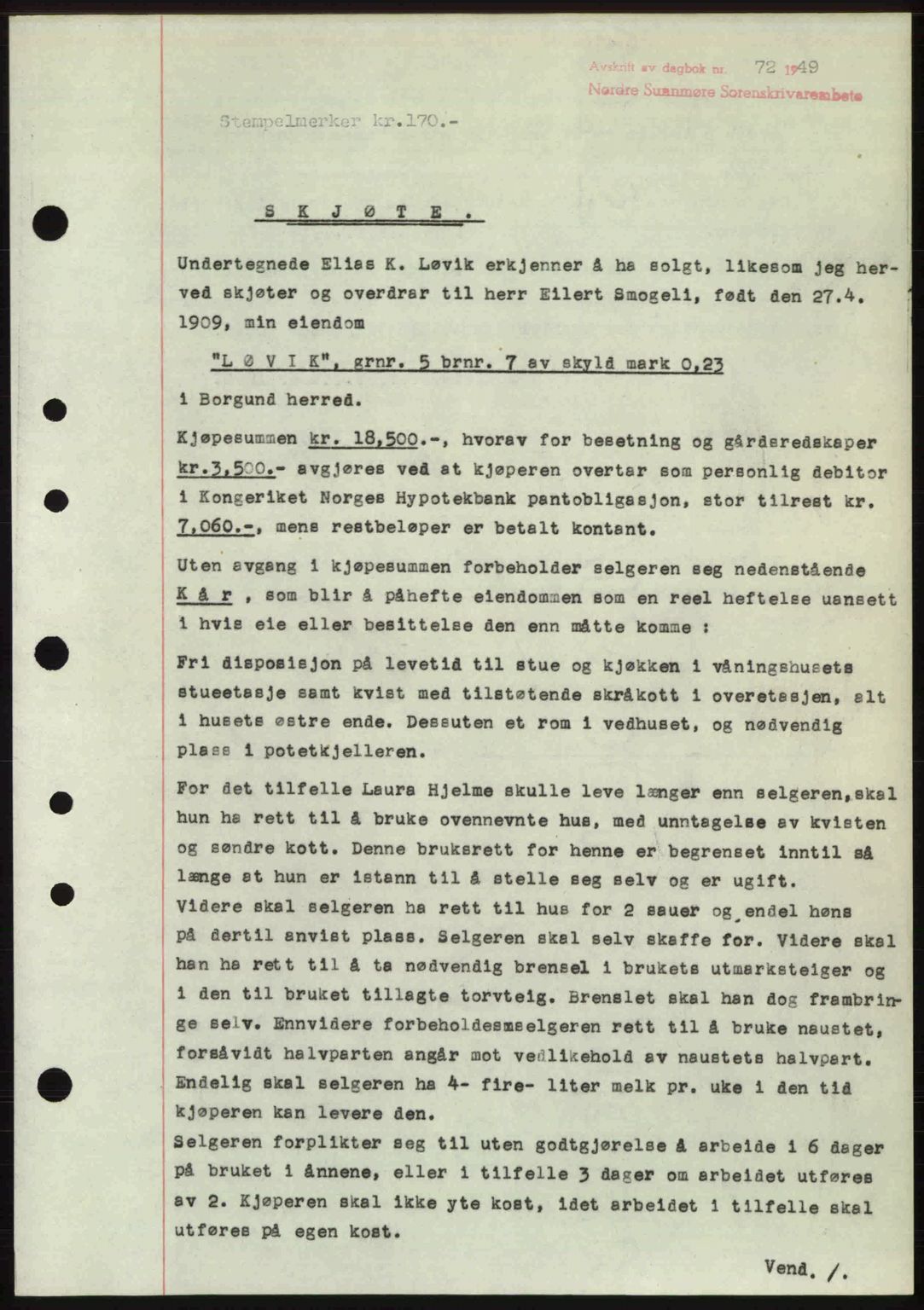 Nordre Sunnmøre sorenskriveri, AV/SAT-A-0006/1/2/2C/2Ca: Mortgage book no. A29, 1948-1949, Diary no: : 72/1949