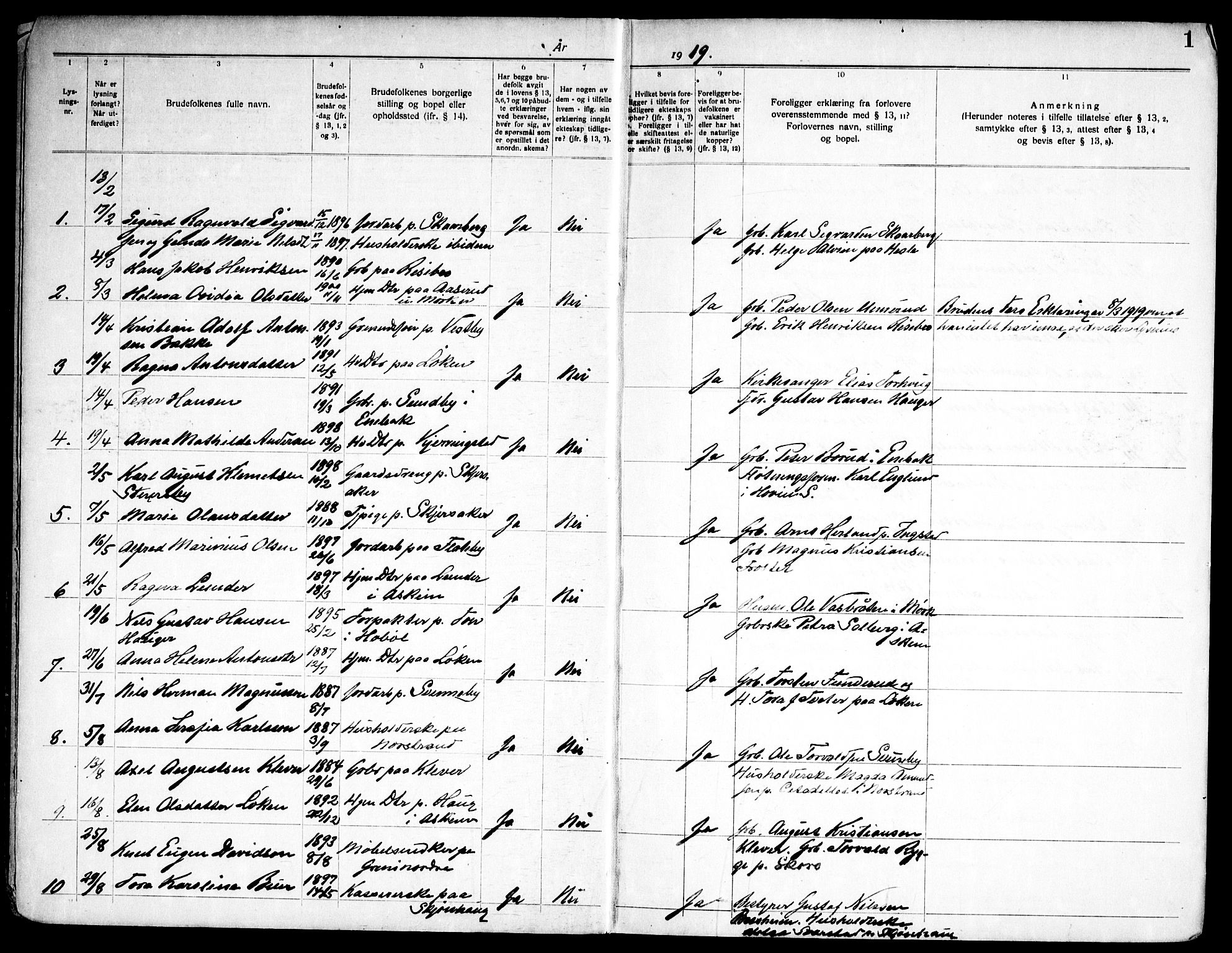 Spydeberg prestekontor Kirkebøker, SAO/A-10924/H/Ha/L0001: Banns register no. 1, 1919-1966, p. 1