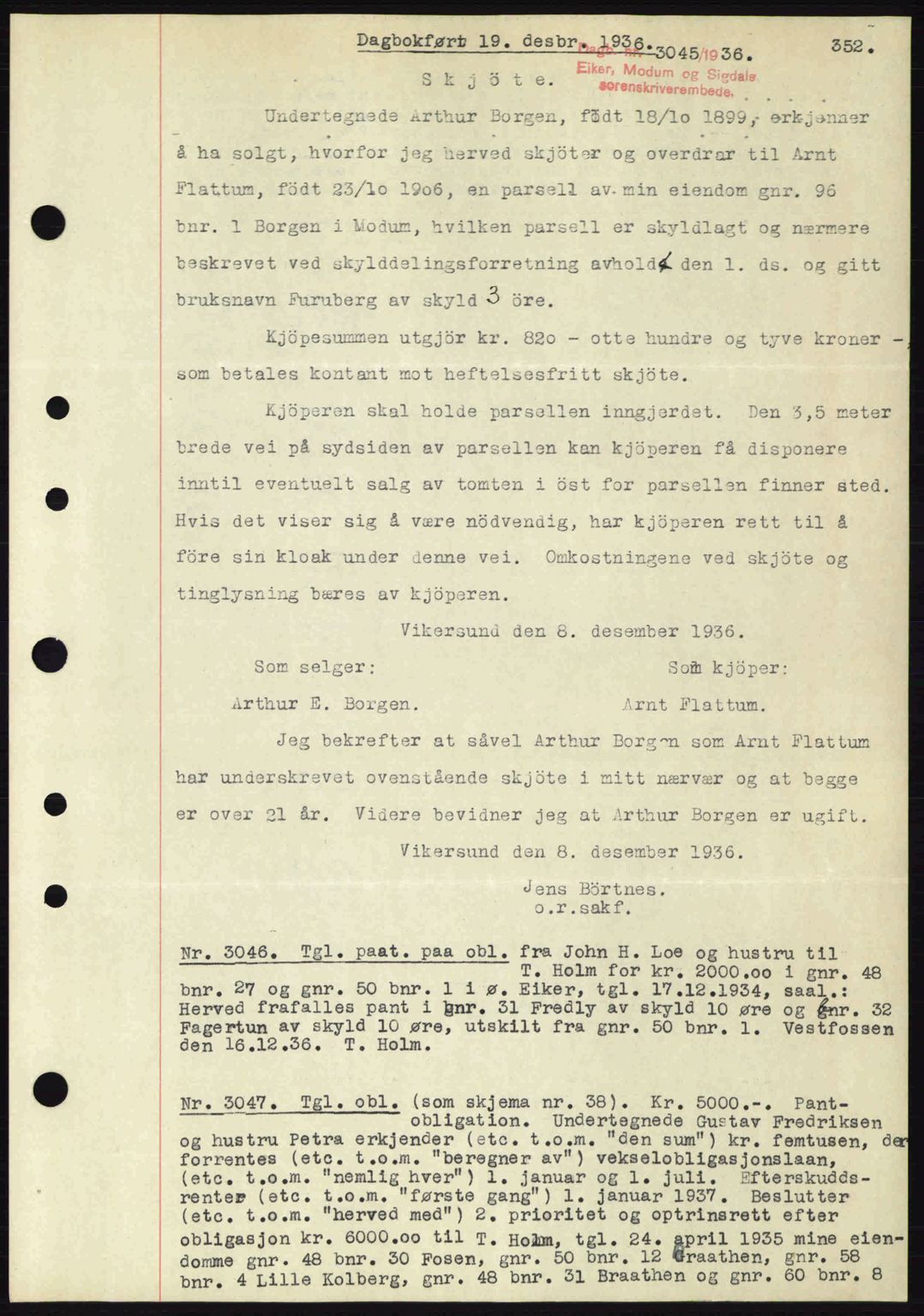 Eiker, Modum og Sigdal sorenskriveri, SAKO/A-123/G/Ga/Gab/L0034: Mortgage book no. A4, 1936-1937, Diary no: : 3045/1936