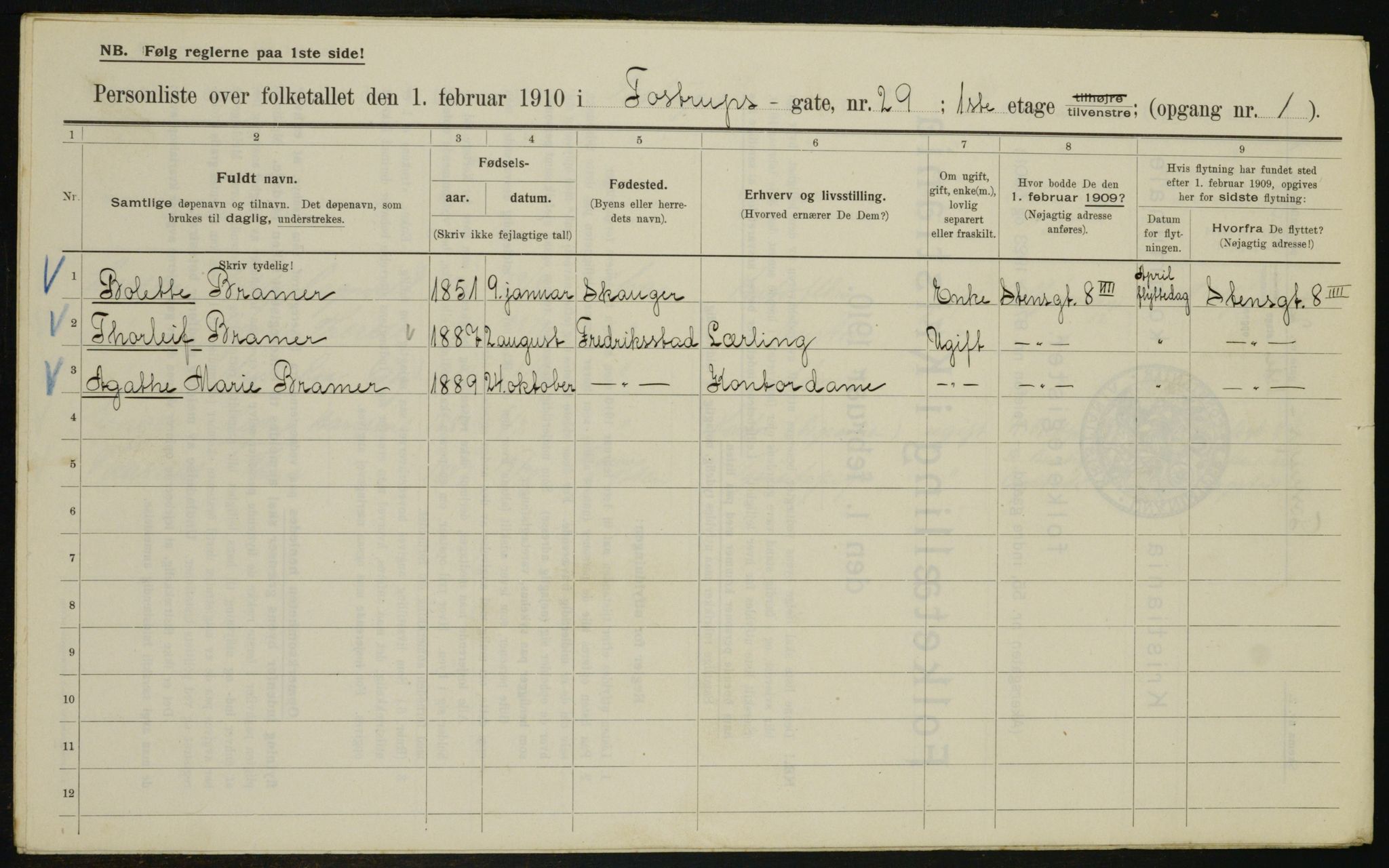 OBA, Municipal Census 1910 for Kristiania, 1910, p. 109505