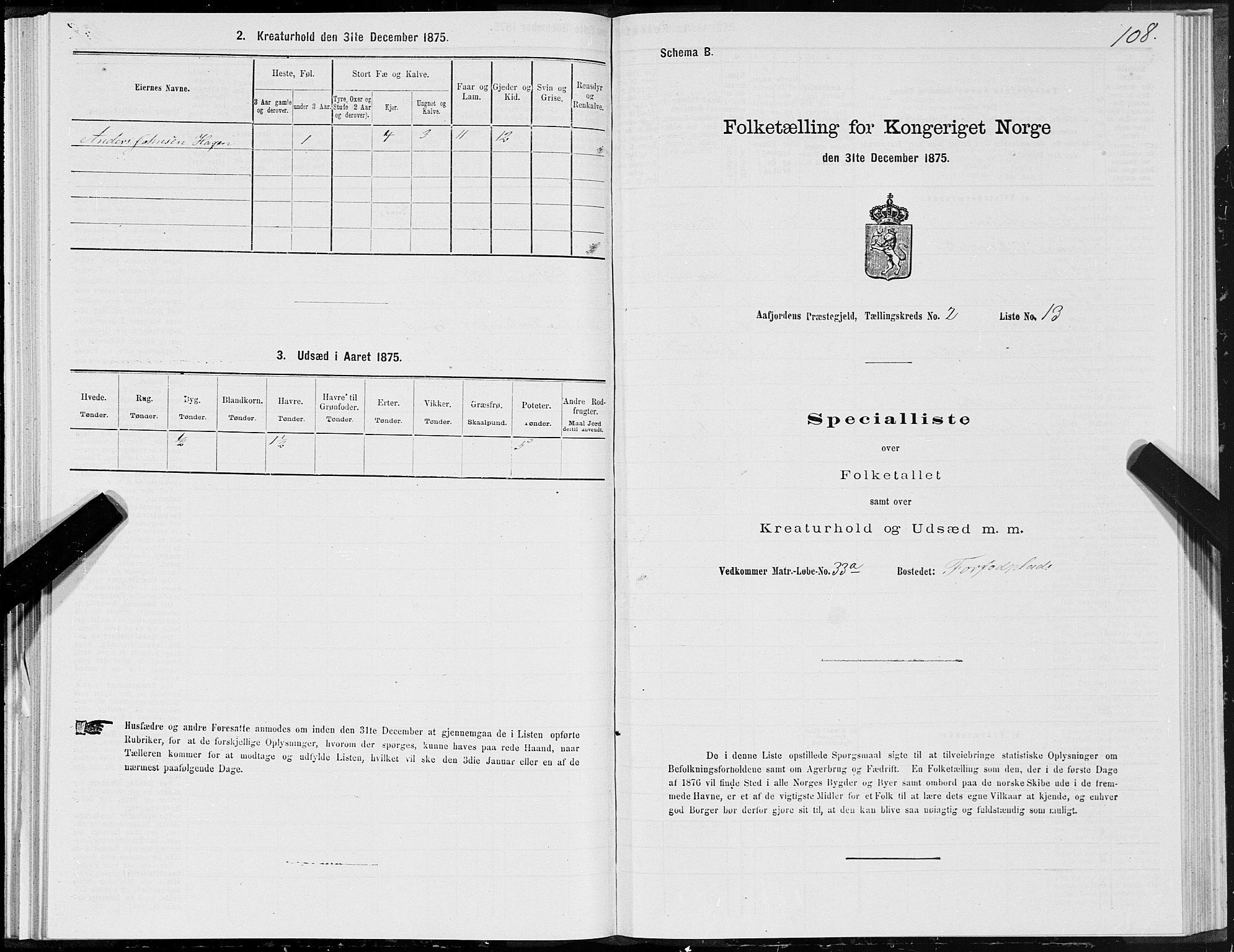 SAT, 1875 census for 1630P Aafjorden, 1875, p. 1108