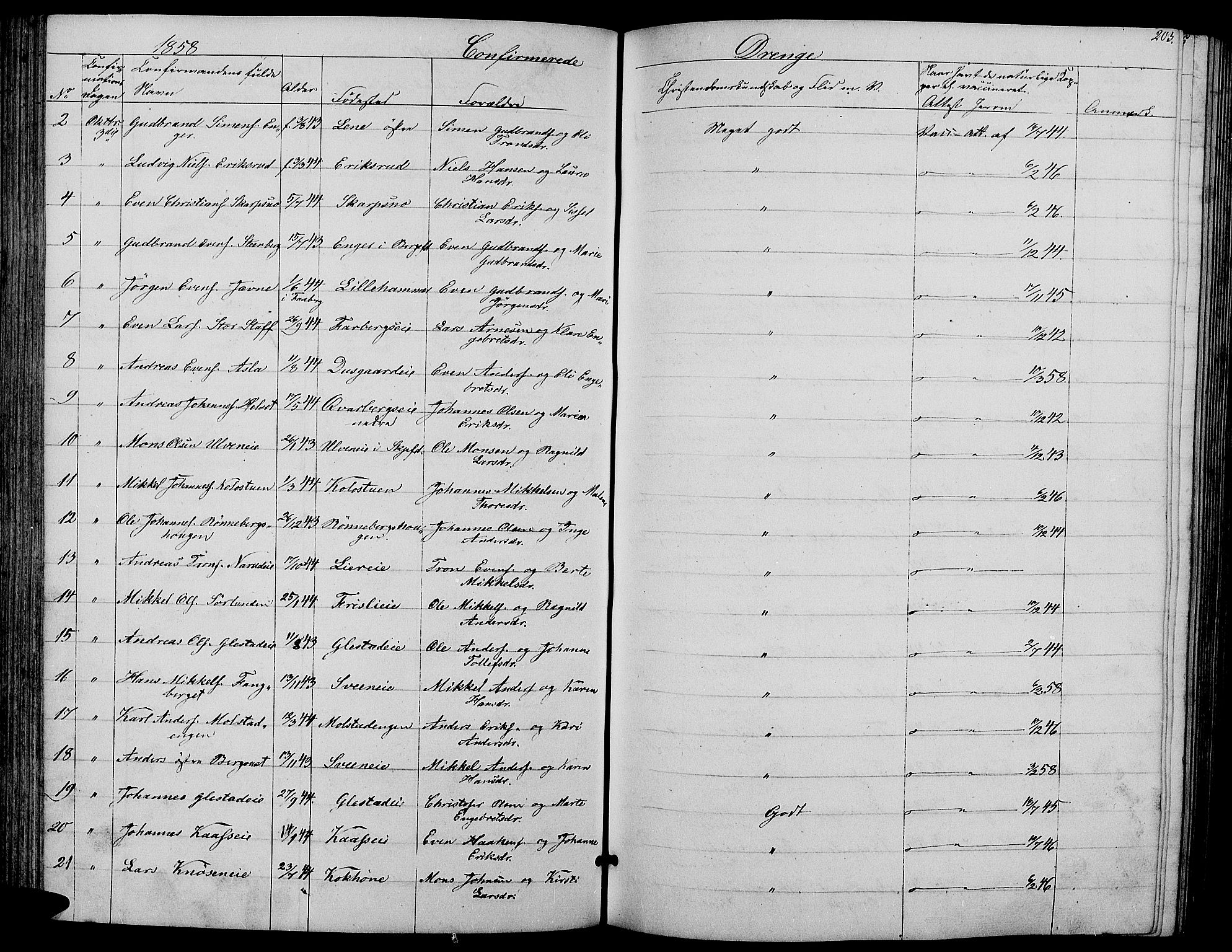 Ringsaker prestekontor, AV/SAH-PREST-014/L/La/L0006: Parish register (copy) no. 6, 1851-1860, p. 203