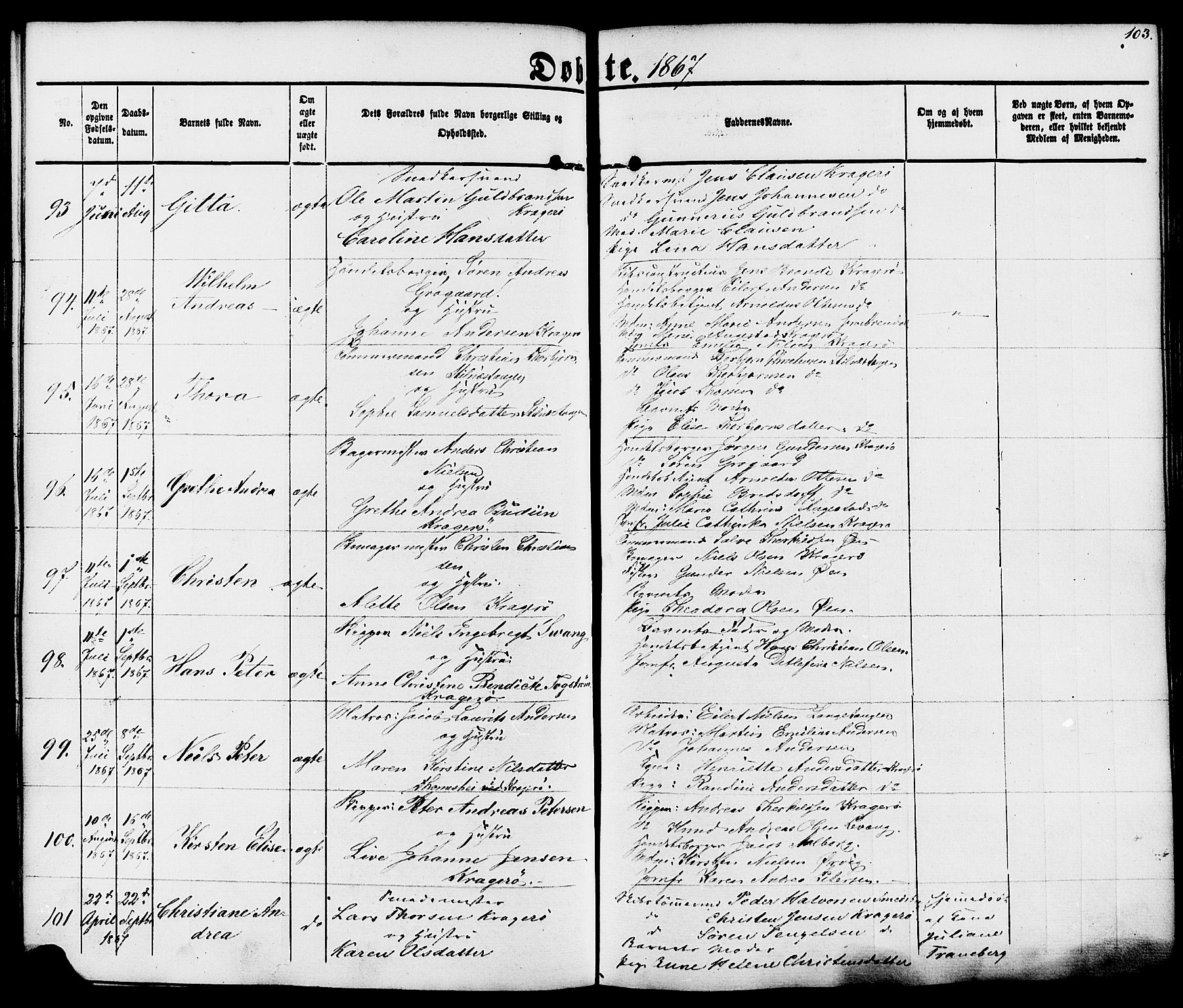 Kragerø kirkebøker, AV/SAKO-A-278/F/Fa/L0007: Parish register (official) no. 7, 1861-1875, p. 103