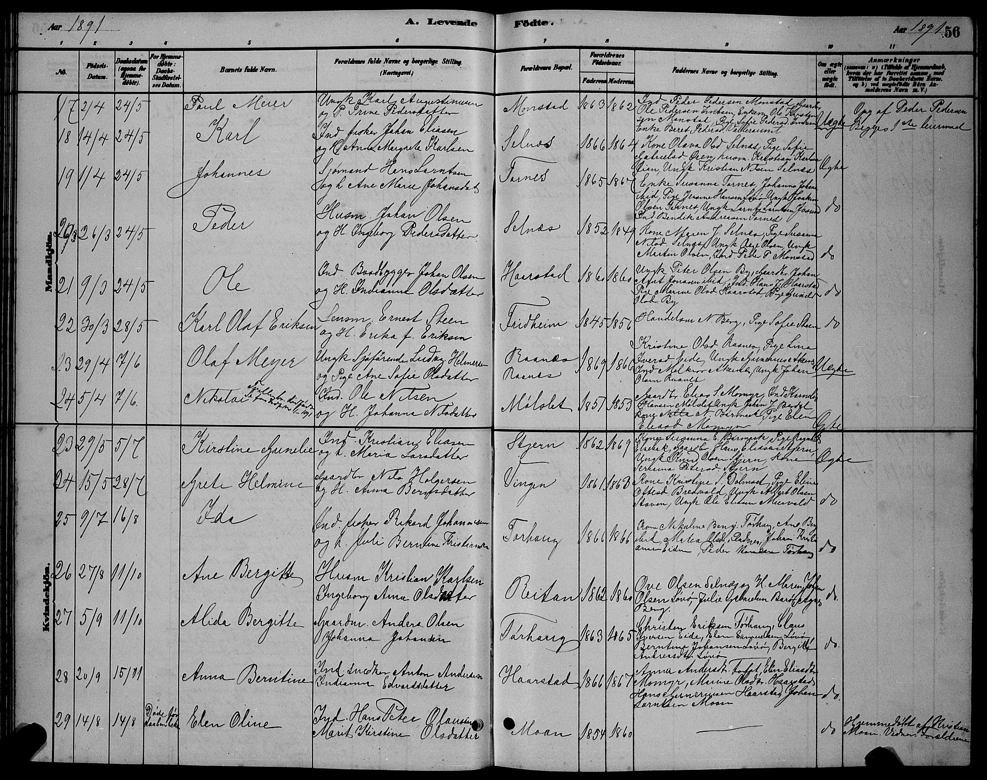 Ministerialprotokoller, klokkerbøker og fødselsregistre - Sør-Trøndelag, SAT/A-1456/655/L0687: Parish register (copy) no. 655C03, 1880-1898, p. 56