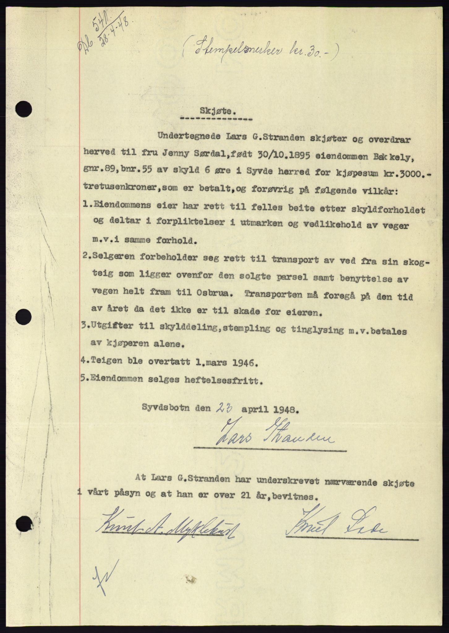 Søre Sunnmøre sorenskriveri, AV/SAT-A-4122/1/2/2C/L0082: Mortgage book no. 8A, 1948-1948, Diary no: : 541/1948