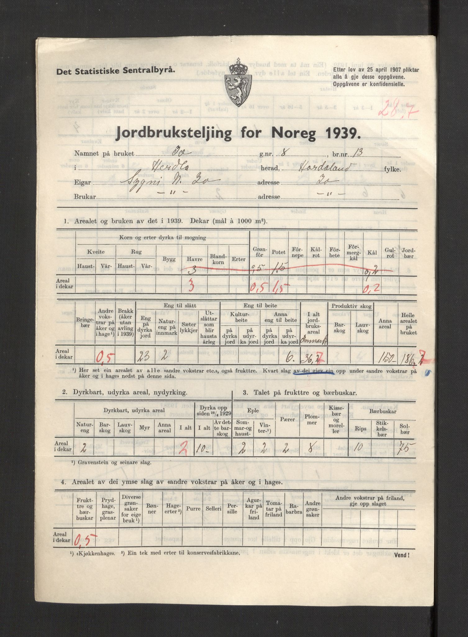 Statistisk sentralbyrå, Næringsøkonomiske emner, Jordbruk, skogbruk, jakt, fiske og fangst, AV/RA-S-2234/G/Gb/L0211: Hordaland: Herdla, Hjelme og Manger, 1939, p. 1089