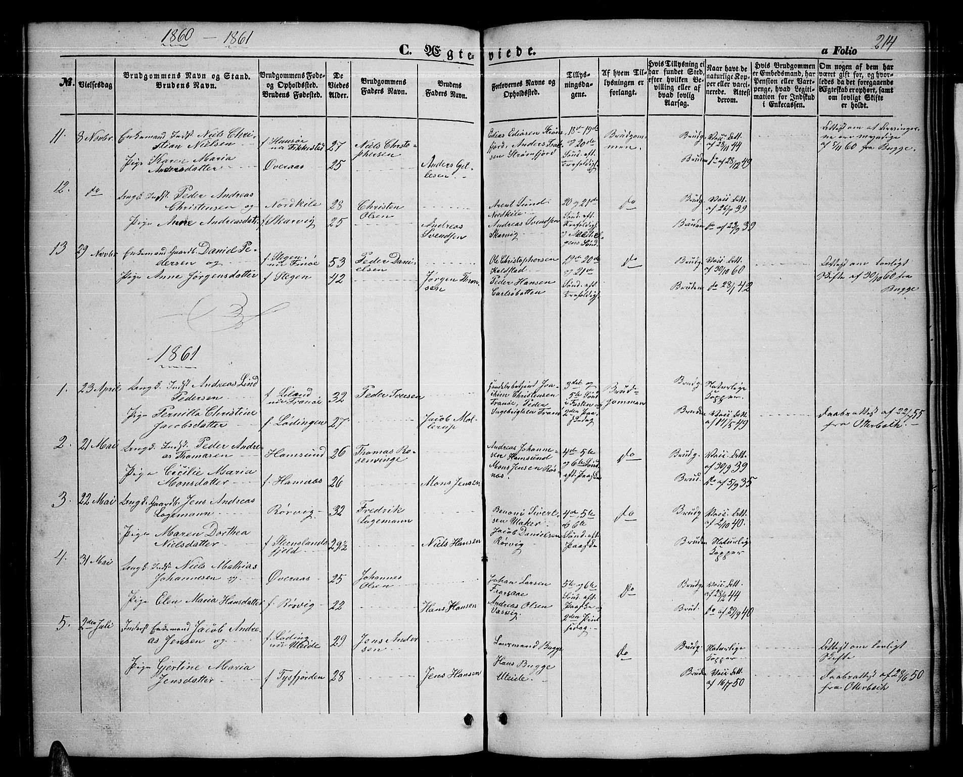 Ministerialprotokoller, klokkerbøker og fødselsregistre - Nordland, AV/SAT-A-1459/859/L0857: Parish register (copy) no. 859C03, 1854-1873, p. 214