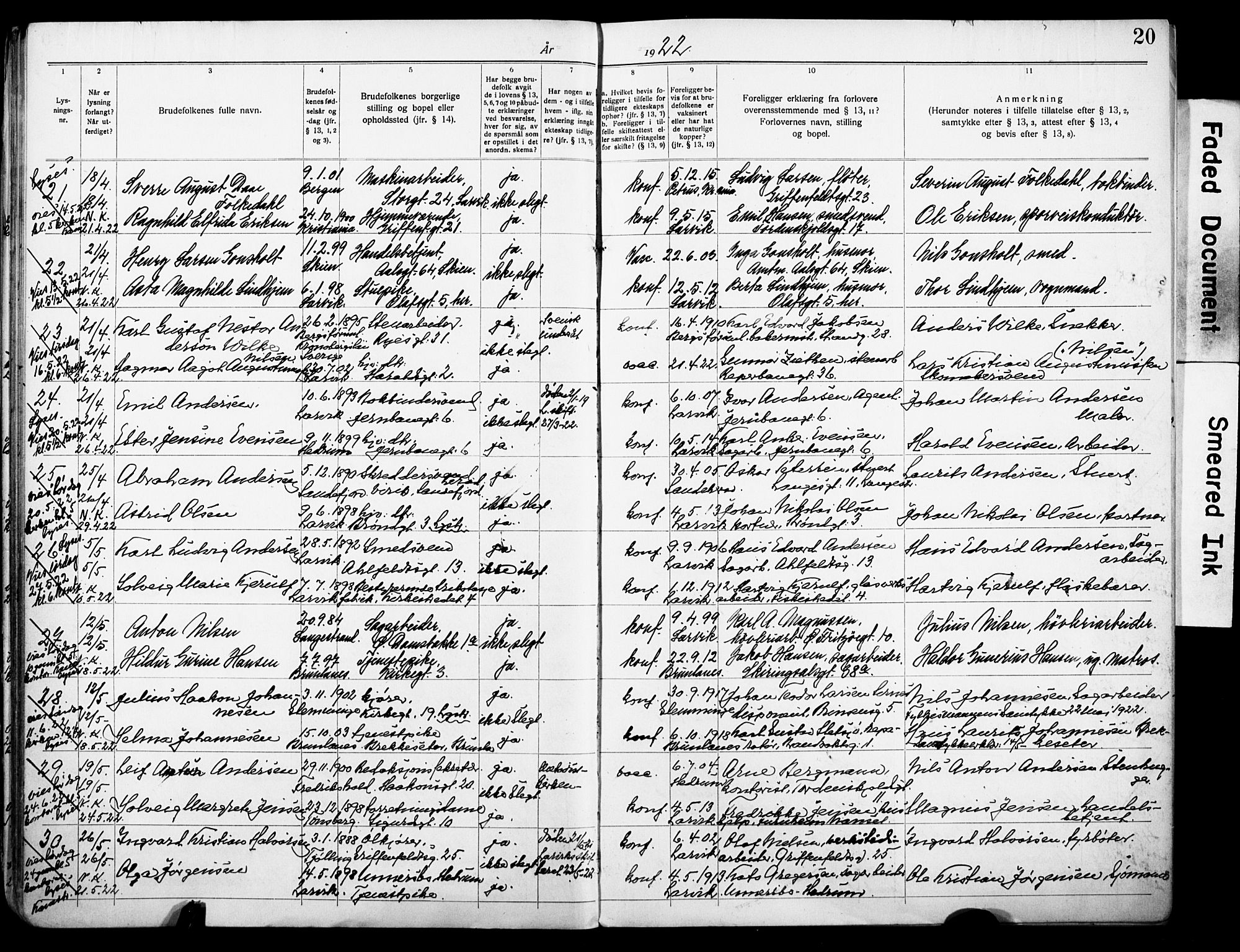 Larvik kirkebøker, AV/SAKO-A-352/H/Ha/L0005: Banns register no. 5, 1920-1933, p. 20