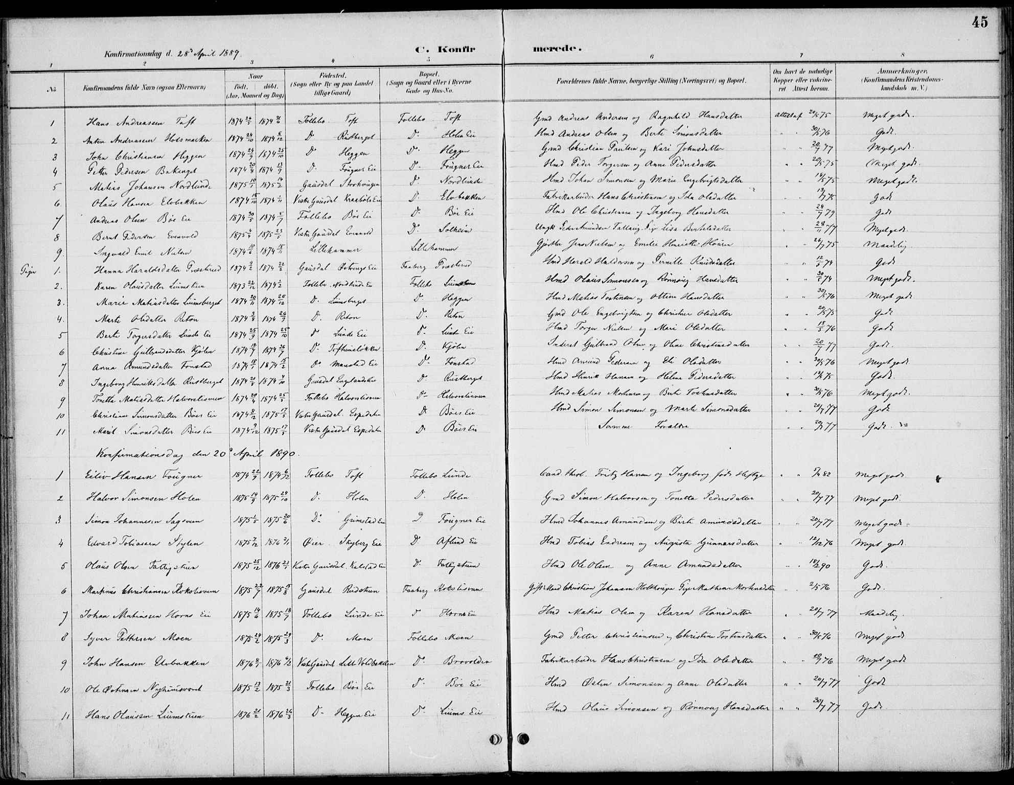 Østre Gausdal prestekontor, SAH/PREST-092/H/Ha/Haa/L0003: Parish register (official) no. 3, 1887-1901, p. 45