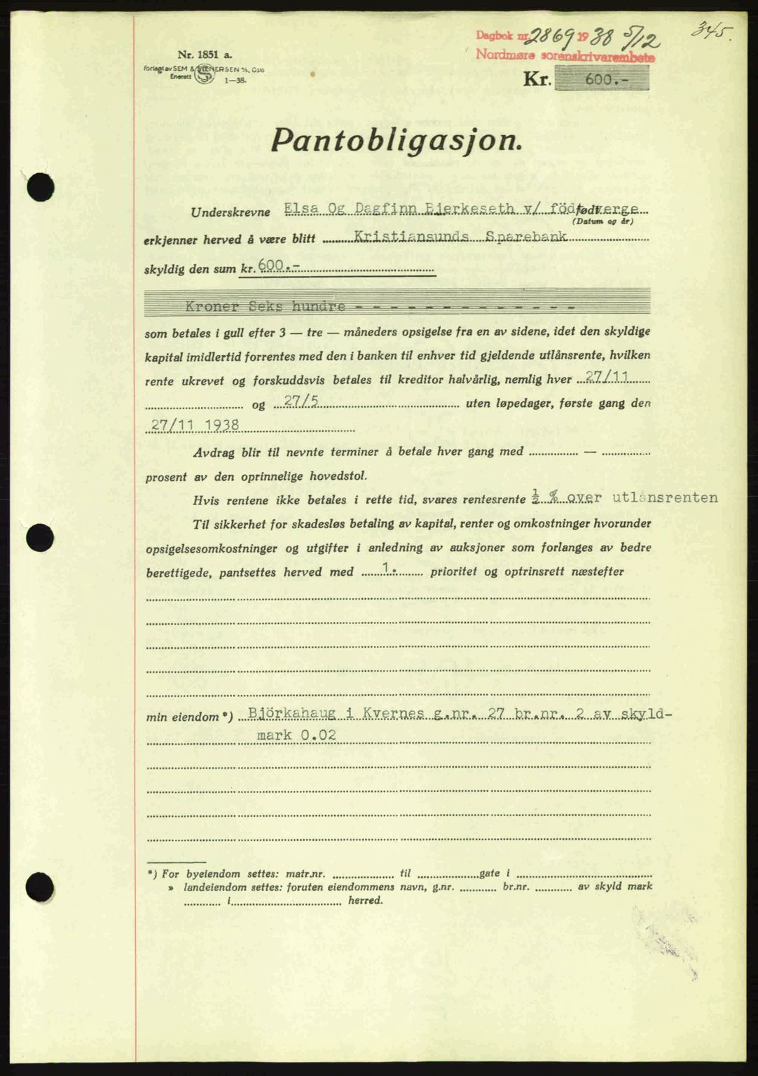 Nordmøre sorenskriveri, SAT/A-4132/1/2/2Ca: Mortgage book no. B84, 1938-1939, Diary no: : 2869/1938