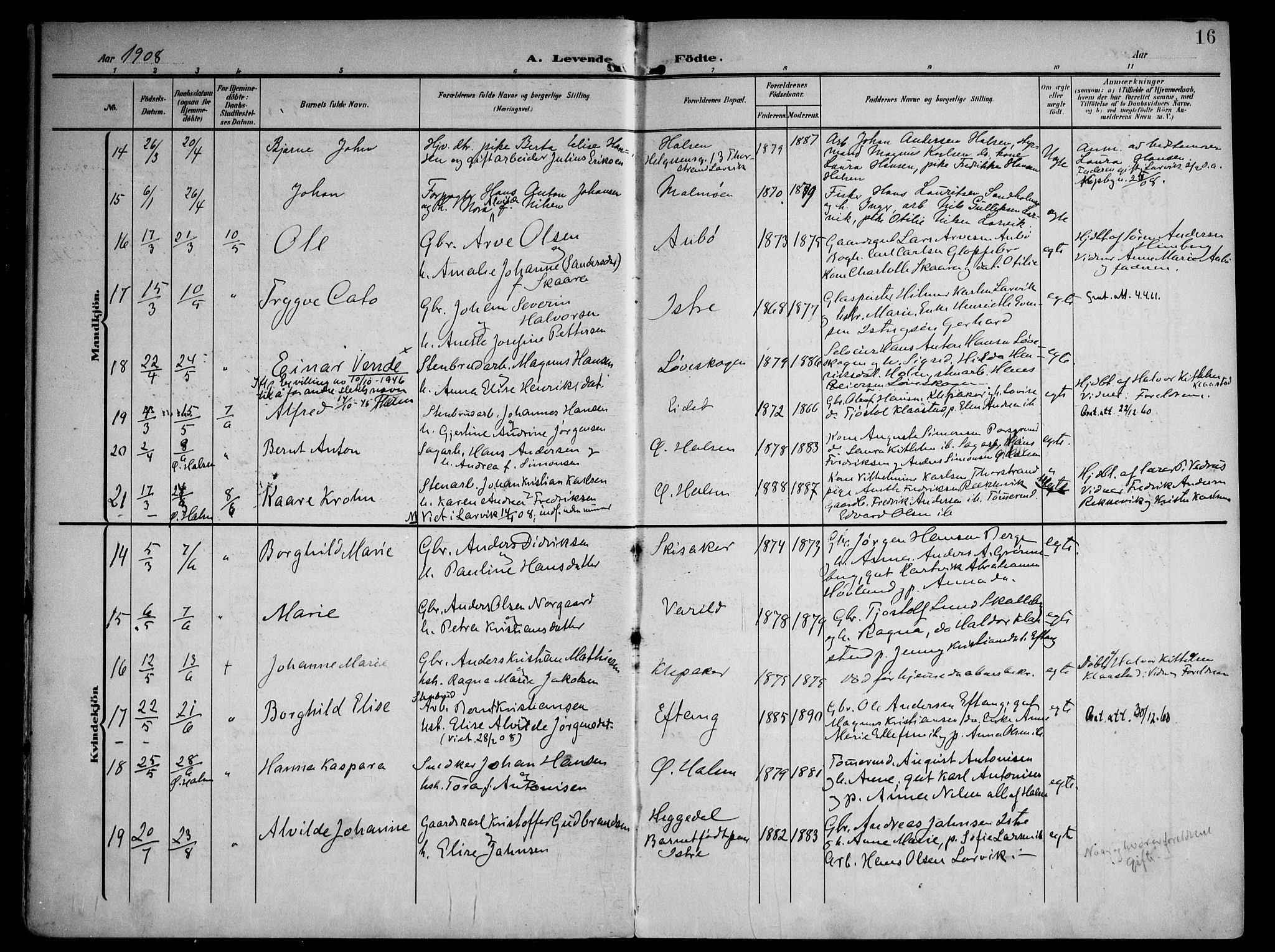 Tjølling kirkebøker, AV/SAKO-A-60/F/Fa/L0010: Parish register (official) no. 10, 1906-1923, p. 16