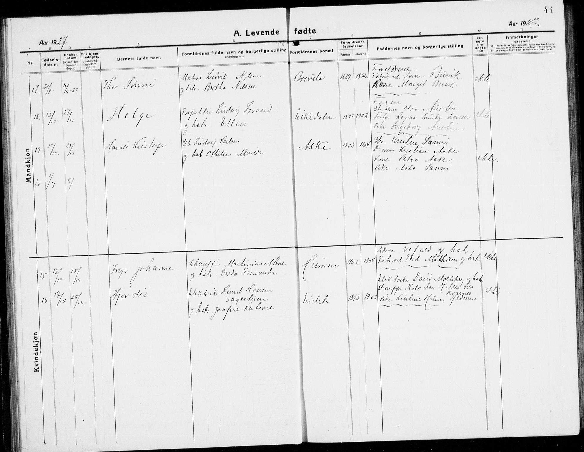 Brunlanes kirkebøker, SAKO/A-342/G/Ga/L0005: Parish register (copy) no. I 5, 1918-1941, p. 44