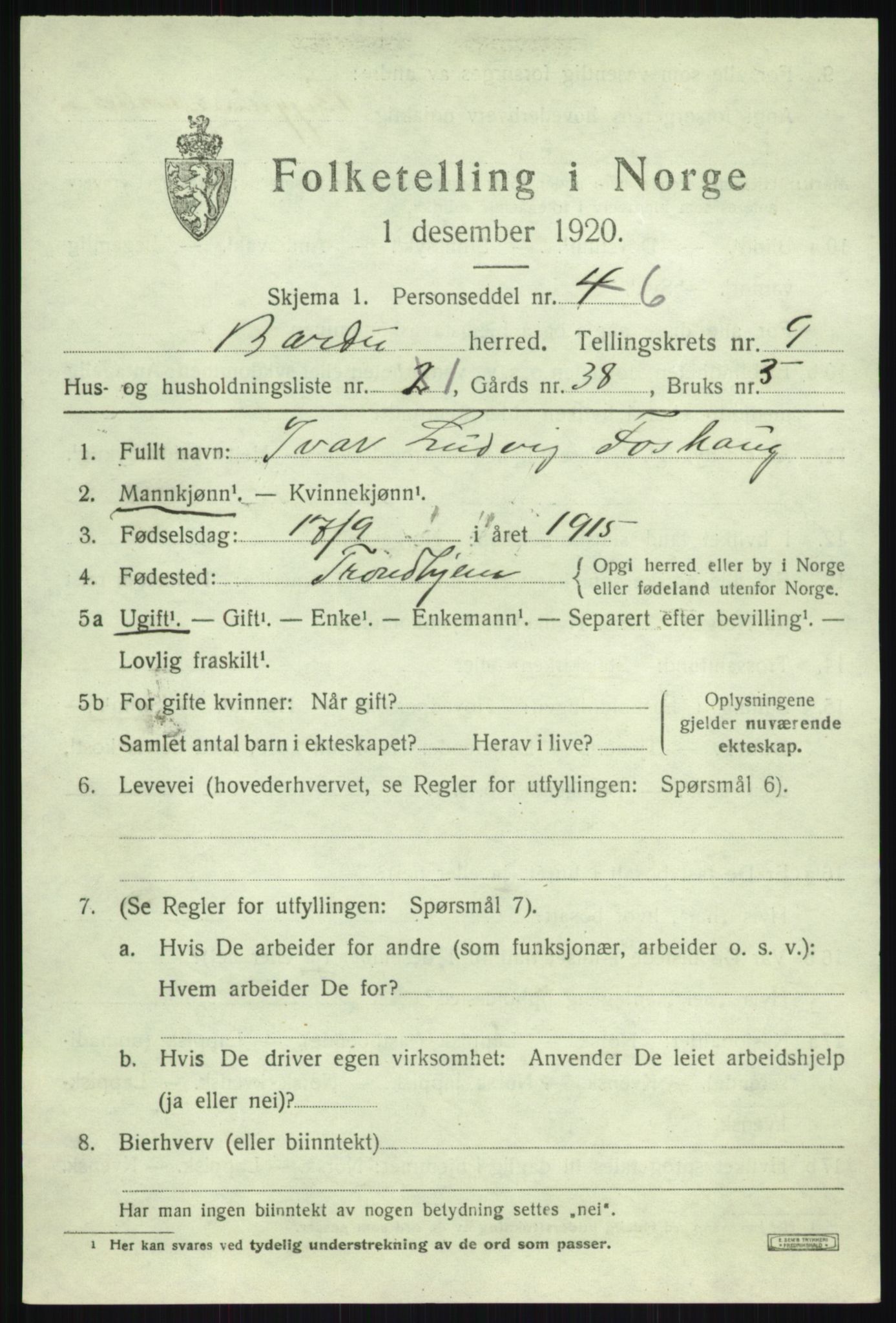 SATØ, 1920 census for Bardu, 1920, p. 3177