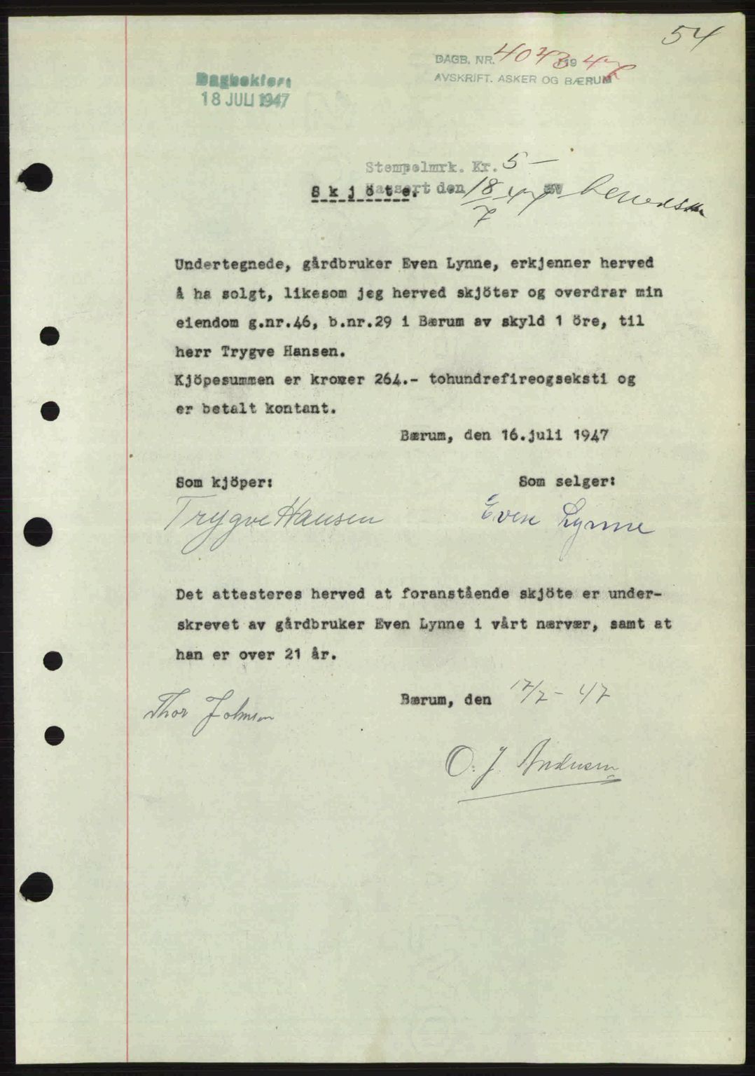 Aker herredsskriveri, AV/SAO-A-10896/G/Gb/Gbb/Gbbb/L0039: Mortgage book no. A85, 1947-1947, Diary no: : 4043/1947