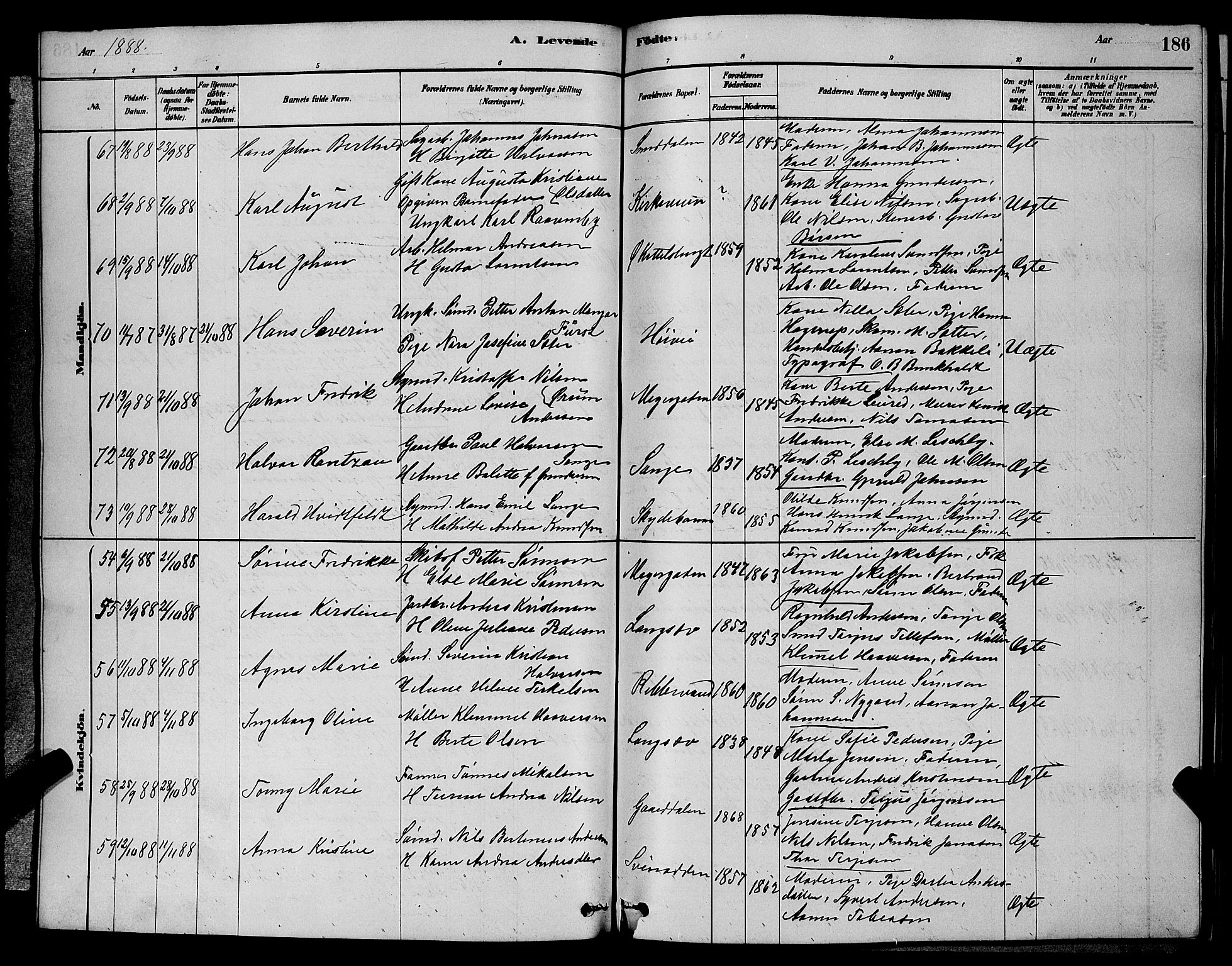 Barbu sokneprestkontor, AV/SAK-1111-0003/F/Fb/L0001: Parish register (copy) no. B 1, 1878-1890, p. 186