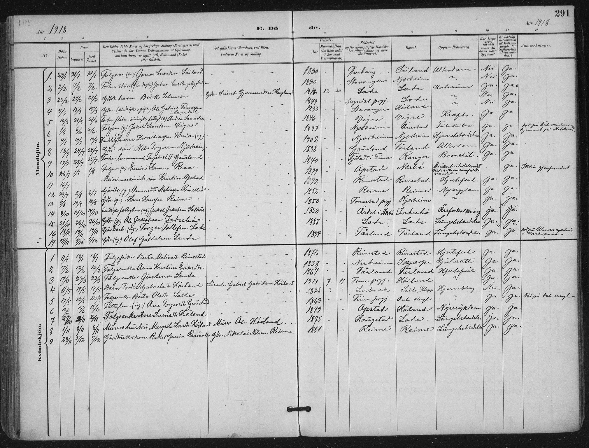 Hå sokneprestkontor, AV/SAST-A-101801/001/30BA/L0012: Parish register (official) no. A 11, 1897-1924, p. 291