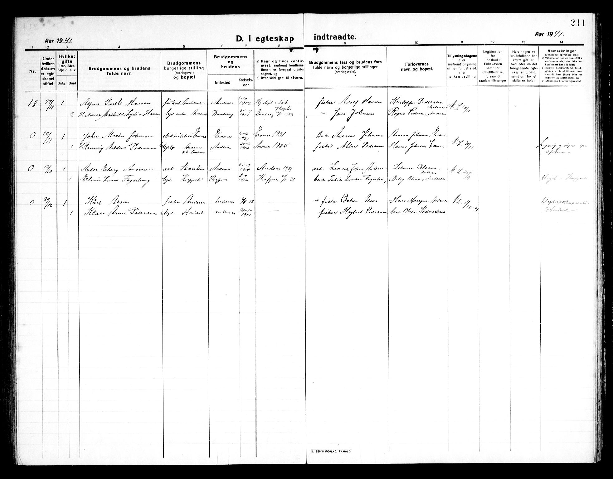 Ministerialprotokoller, klokkerbøker og fødselsregistre - Nordland, AV/SAT-A-1459/899/L1450: Parish register (copy) no. 899C05, 1918-1945, p. 211