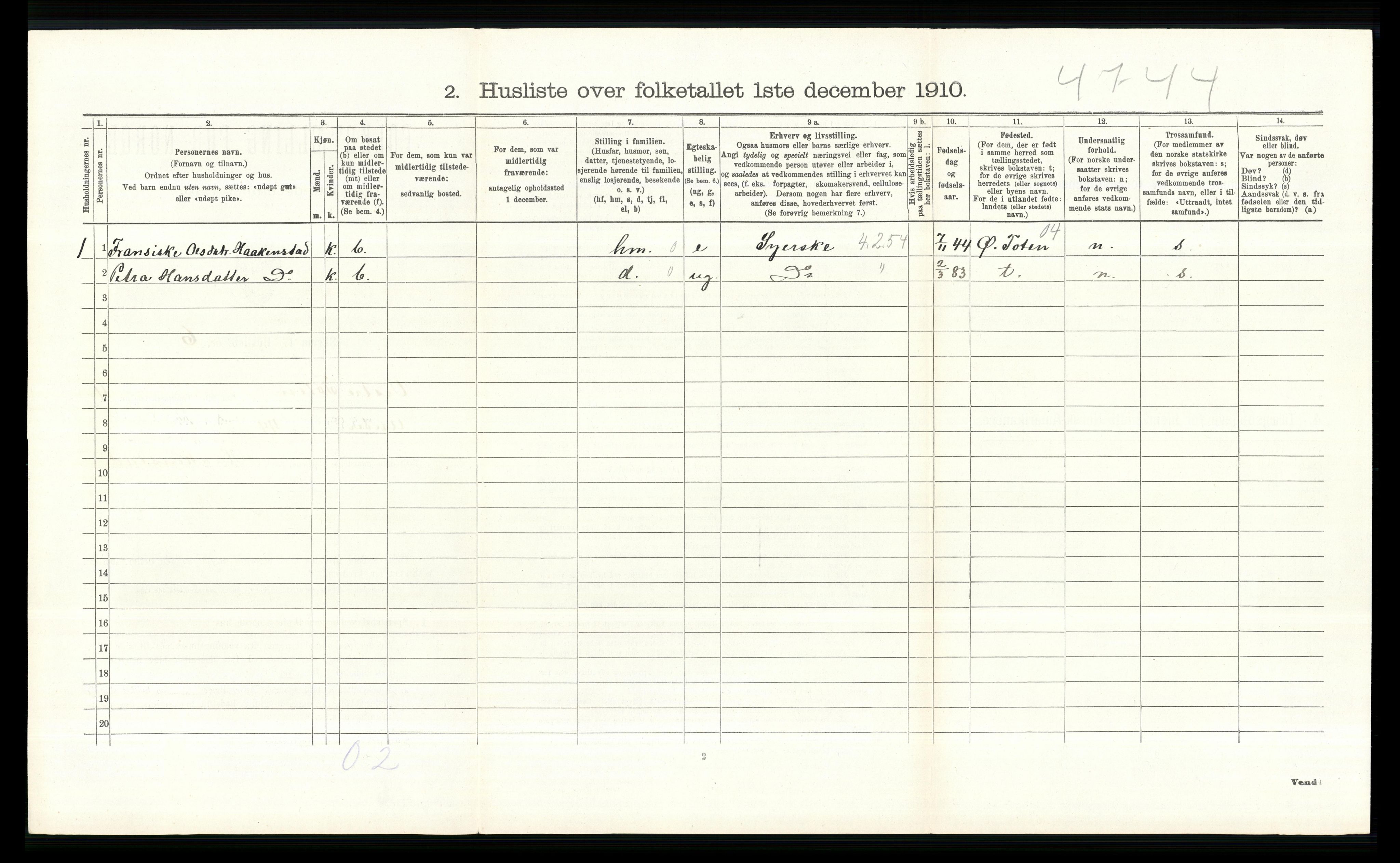 RA, 1910 census for Vestre Toten, 1910, p. 532