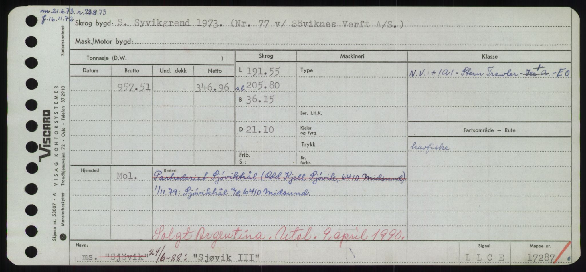 Sjøfartsdirektoratet med forløpere, Skipsmålingen, RA/S-1627/H/Hd/L0033: Fartøy, Sevi-Sjø, p. 423