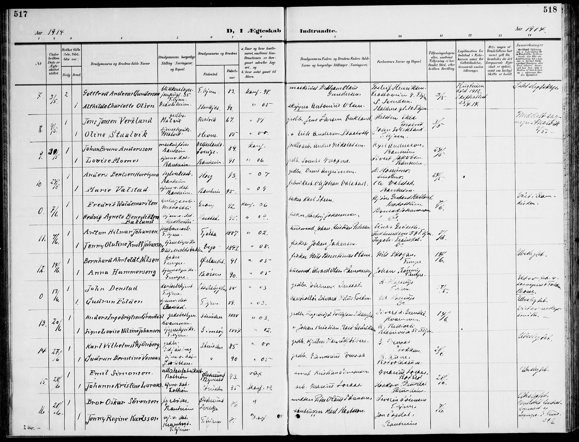 Ministerialprotokoller, klokkerbøker og fødselsregistre - Sør-Trøndelag, AV/SAT-A-1456/607/L0320: Parish register (official) no. 607A04, 1907-1915, p. 517-518