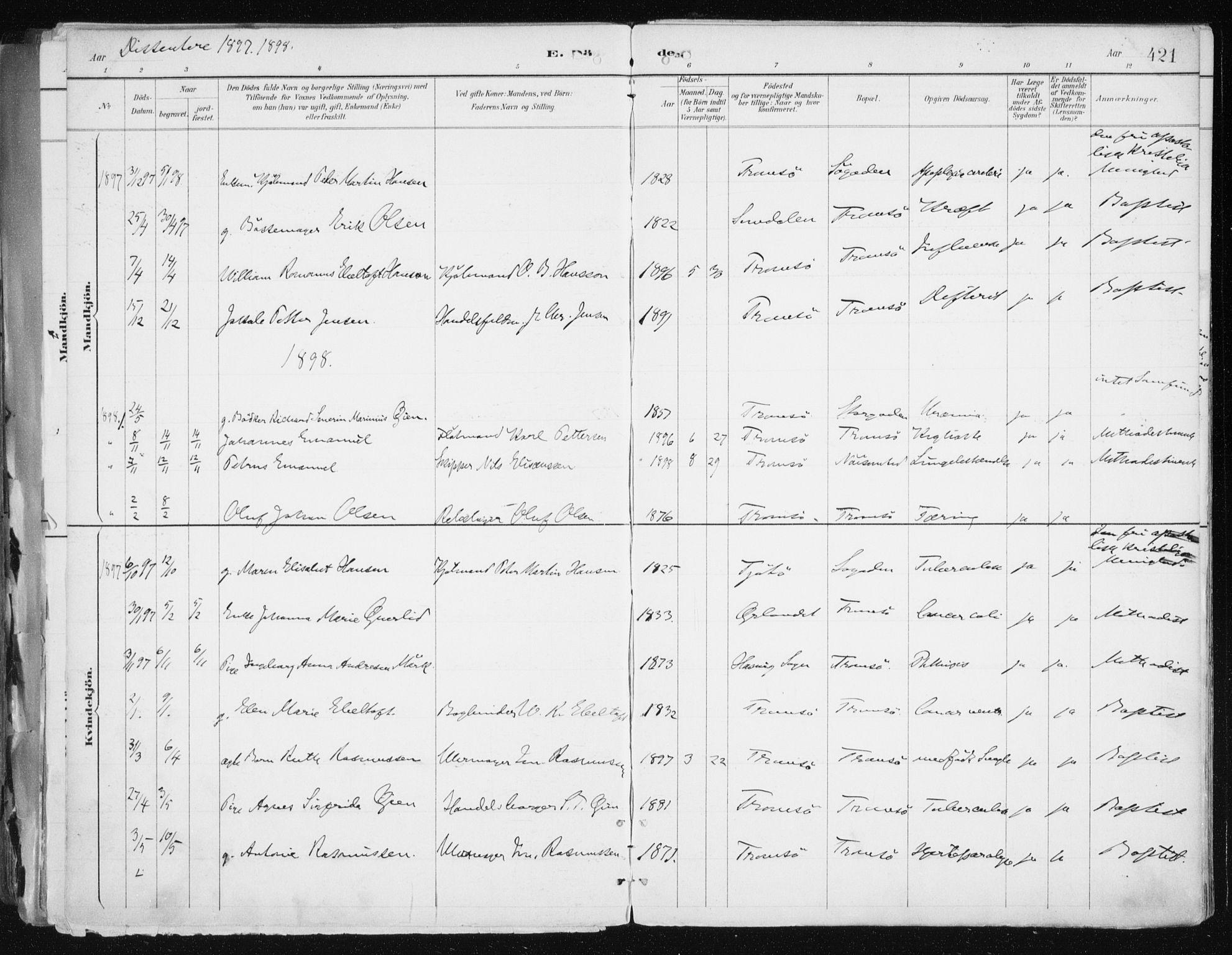 Tromsø sokneprestkontor/stiftsprosti/domprosti, SATØ/S-1343/G/Ga/L0015kirke: Parish register (official) no. 15, 1889-1899, p. 421