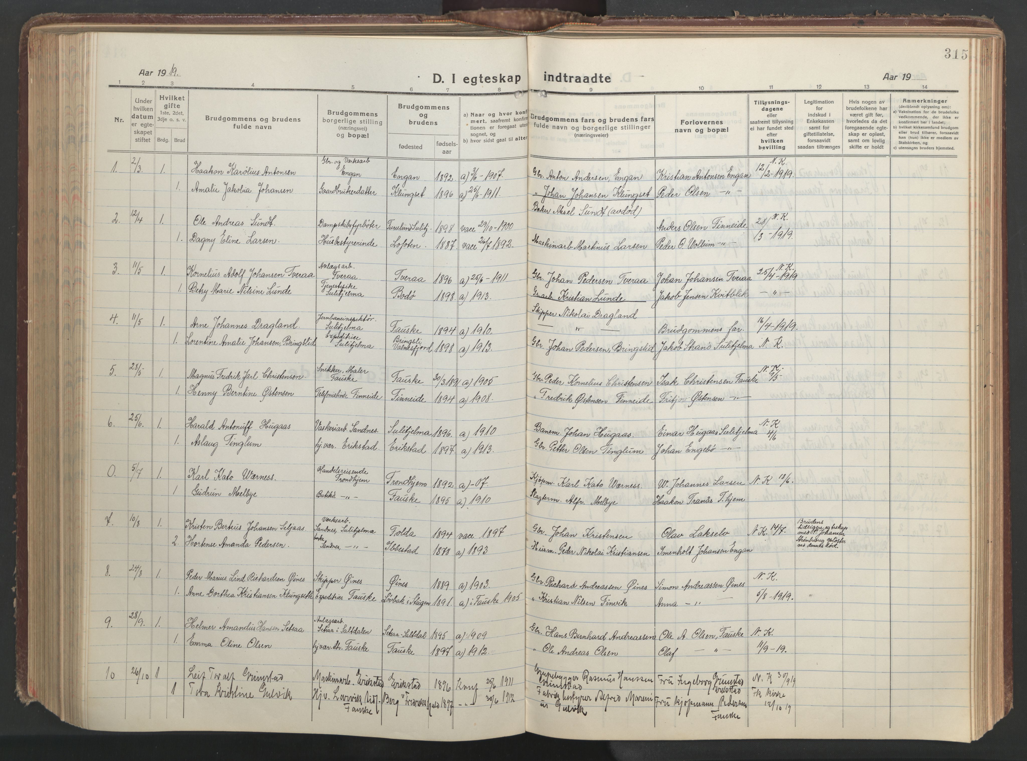 Ministerialprotokoller, klokkerbøker og fødselsregistre - Nordland, AV/SAT-A-1459/849/L0700: Parish register (copy) no. 849C01, 1919-1946, p. 315