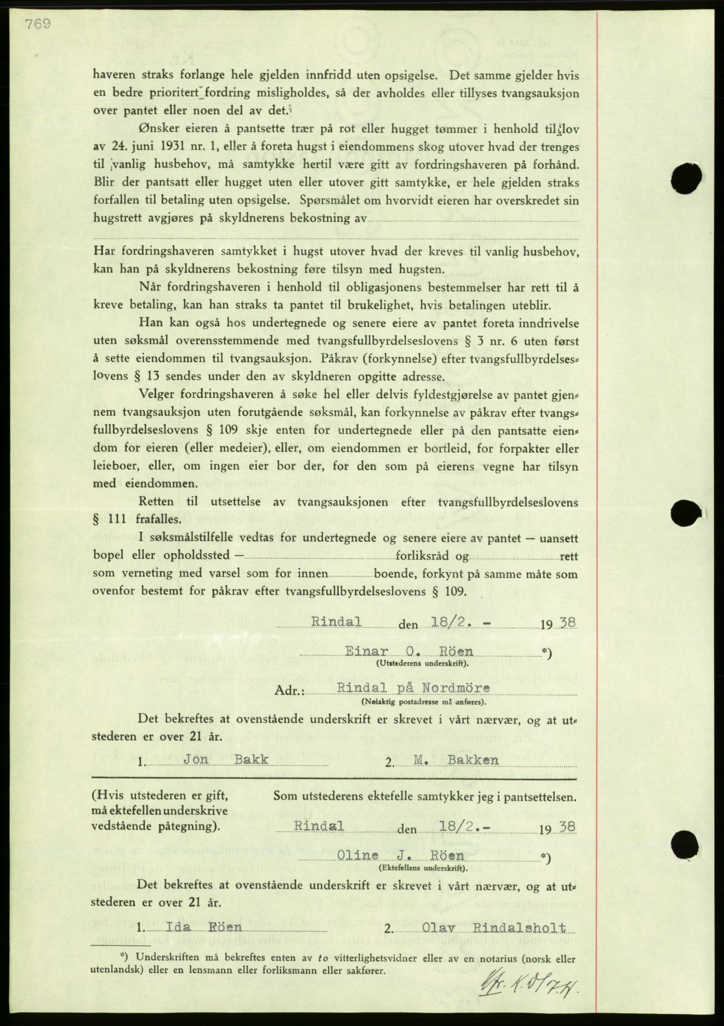 Nordmøre sorenskriveri, AV/SAT-A-4132/1/2/2Ca/L0092: Mortgage book no. B82, 1937-1938, Diary no: : 462/1938