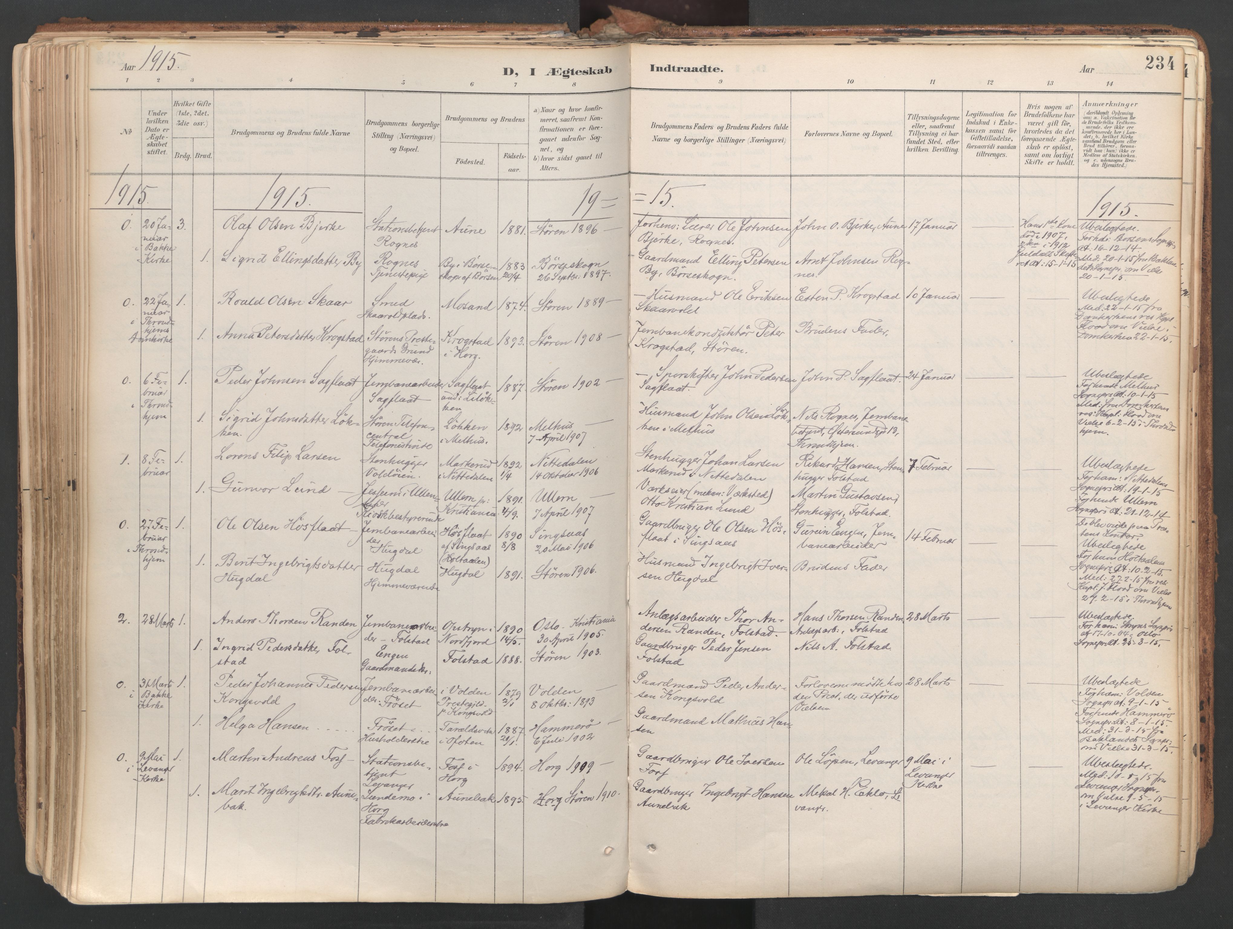 Ministerialprotokoller, klokkerbøker og fødselsregistre - Sør-Trøndelag, SAT/A-1456/687/L1004: Parish register (official) no. 687A10, 1891-1923, p. 234