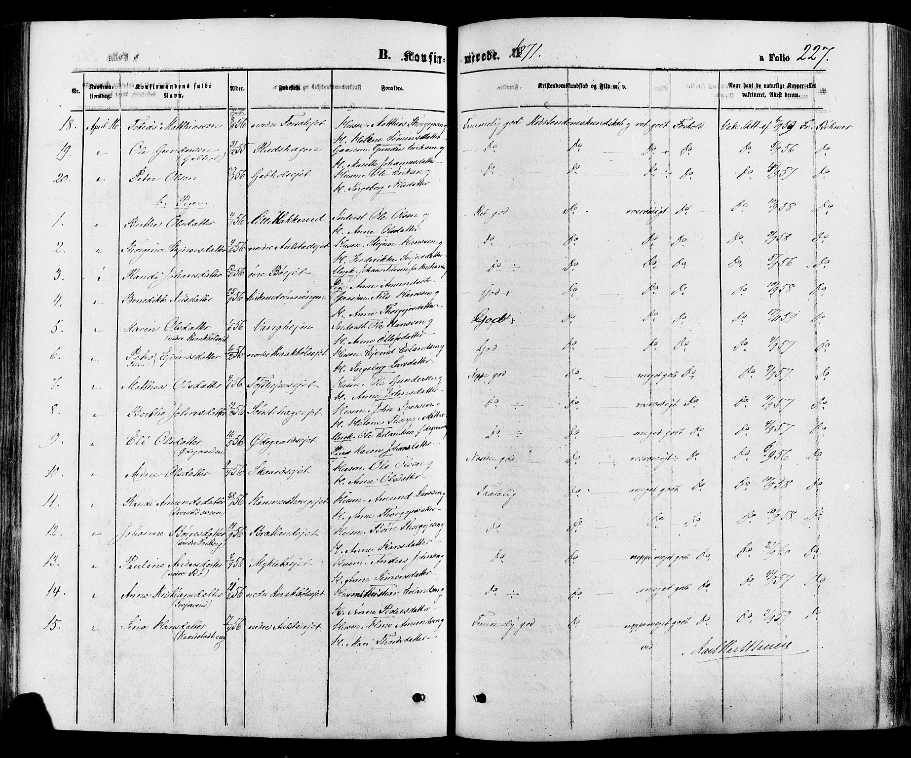 Gausdal prestekontor, SAH/PREST-090/H/Ha/Haa/L0010: Parish register (official) no. 10, 1867-1886, p. 227