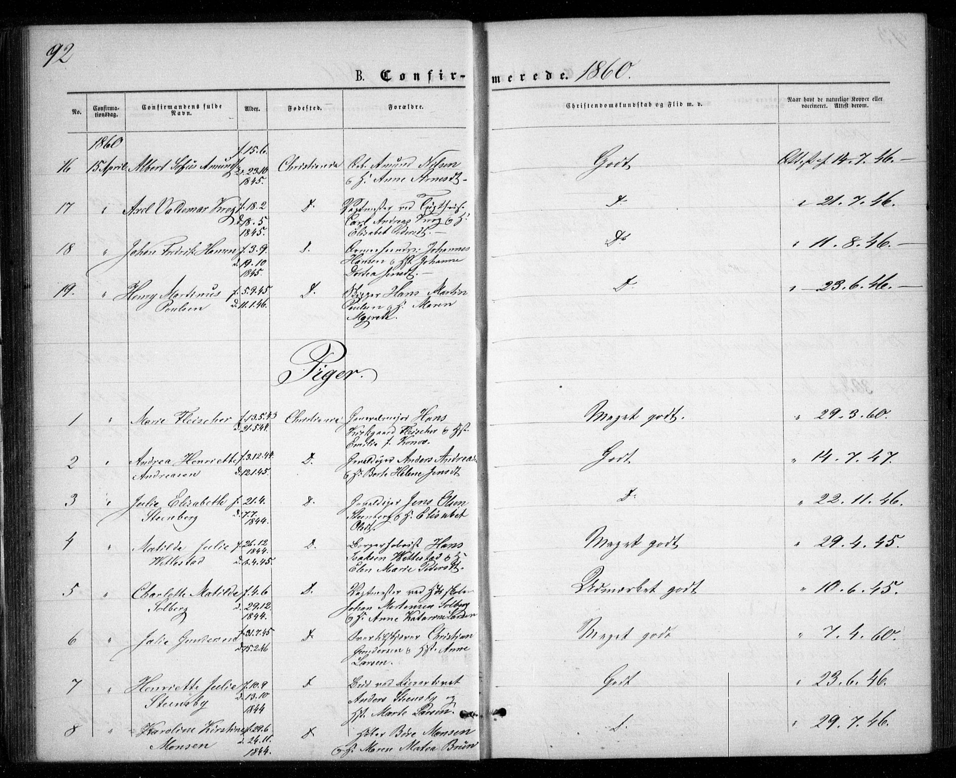 Garnisonsmenigheten Kirkebøker, SAO/A-10846/G/Ga/L0006: Parish register (copy) no. 6, 1860-1880, p. 92