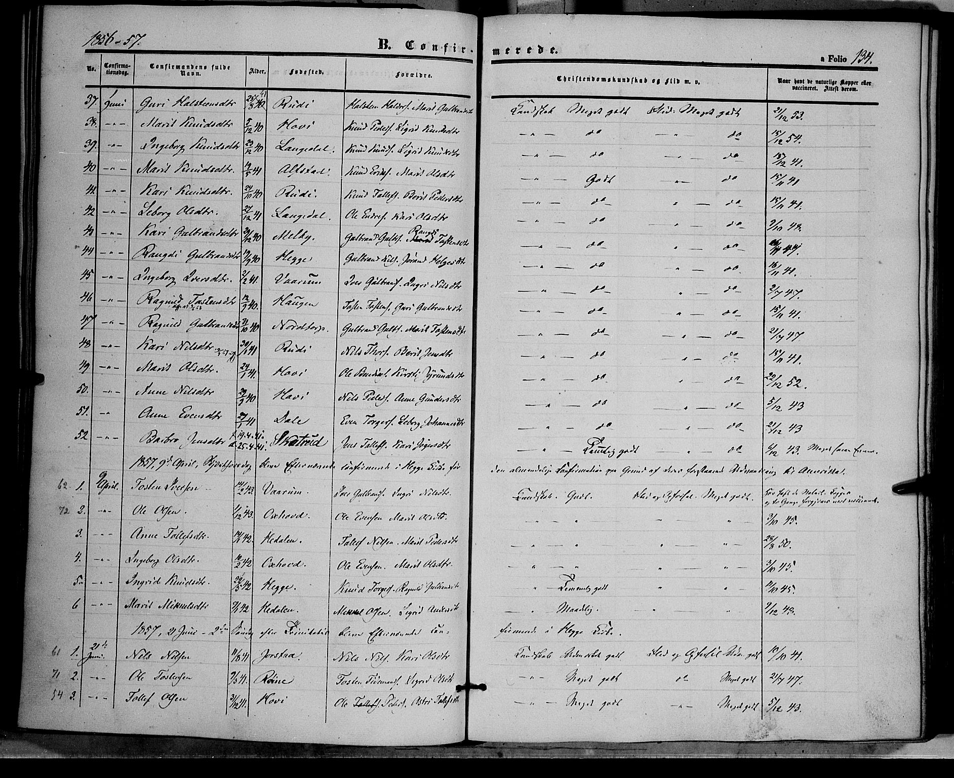 Øystre Slidre prestekontor, SAH/PREST-138/H/Ha/Haa/L0001: Parish register (official) no. 1, 1849-1874, p. 134