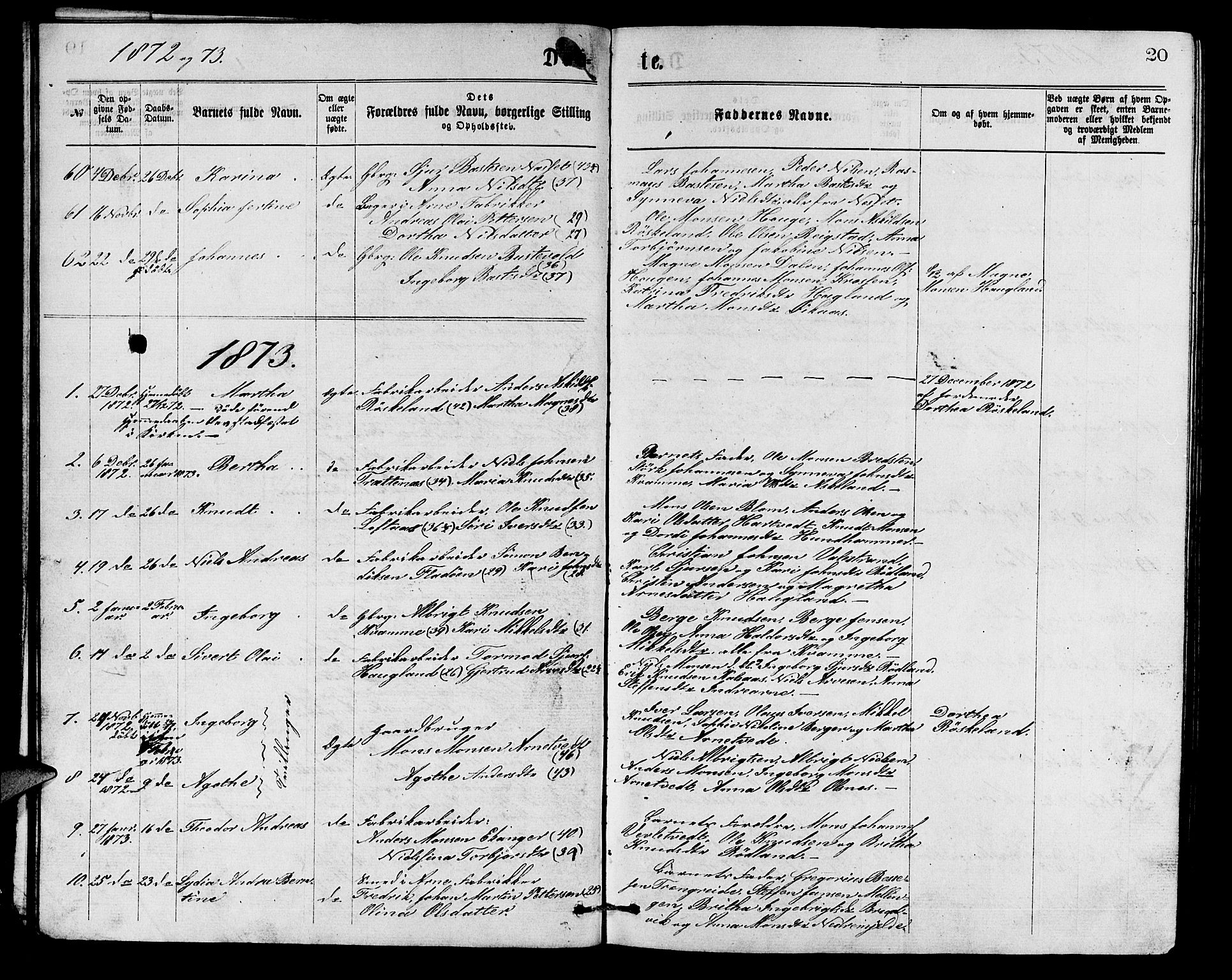 Arna Sokneprestembete, SAB/A-74001/H/Ha/Hab: Parish register (copy) no. A 1, 1869-1879, p. 20