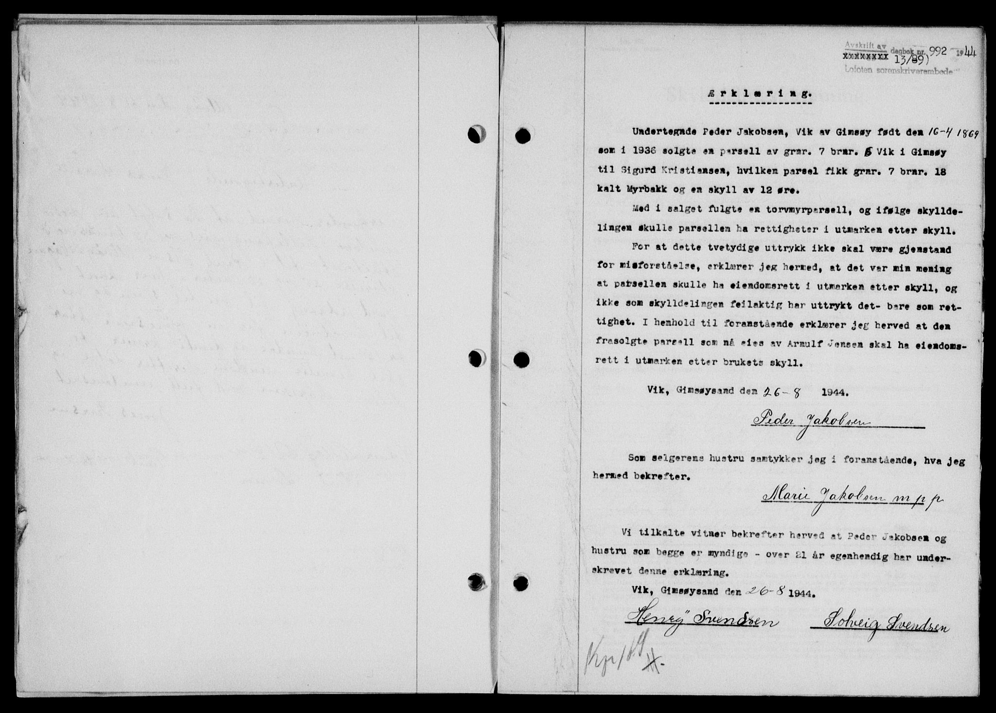 Lofoten sorenskriveri, SAT/A-0017/1/2/2C/L0012a: Mortgage book no. 12a, 1943-1944, Diary no: : 992/1944