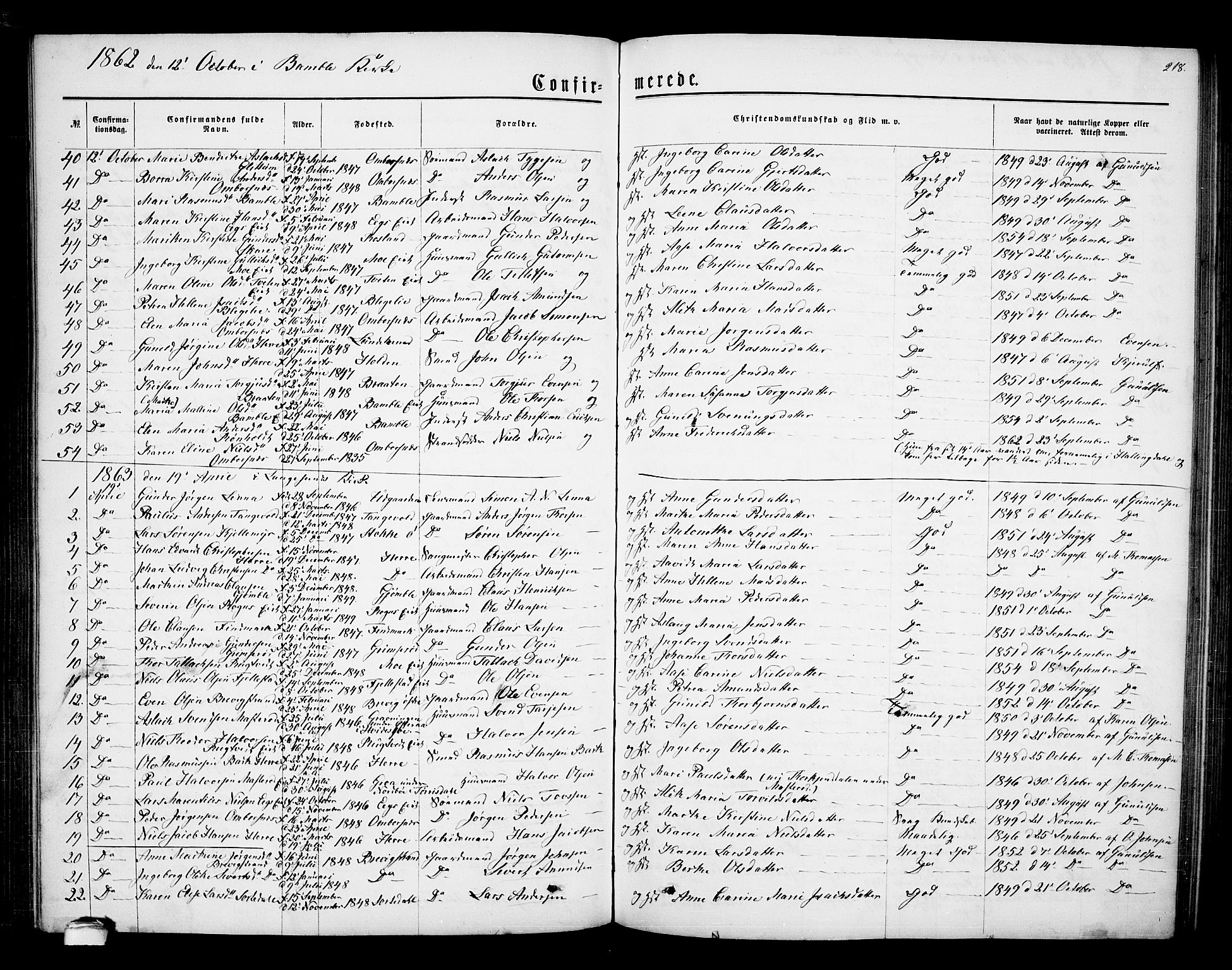 Bamble kirkebøker, SAKO/A-253/G/Ga/L0006: Parish register (copy) no. I 6, 1860-1876, p. 218