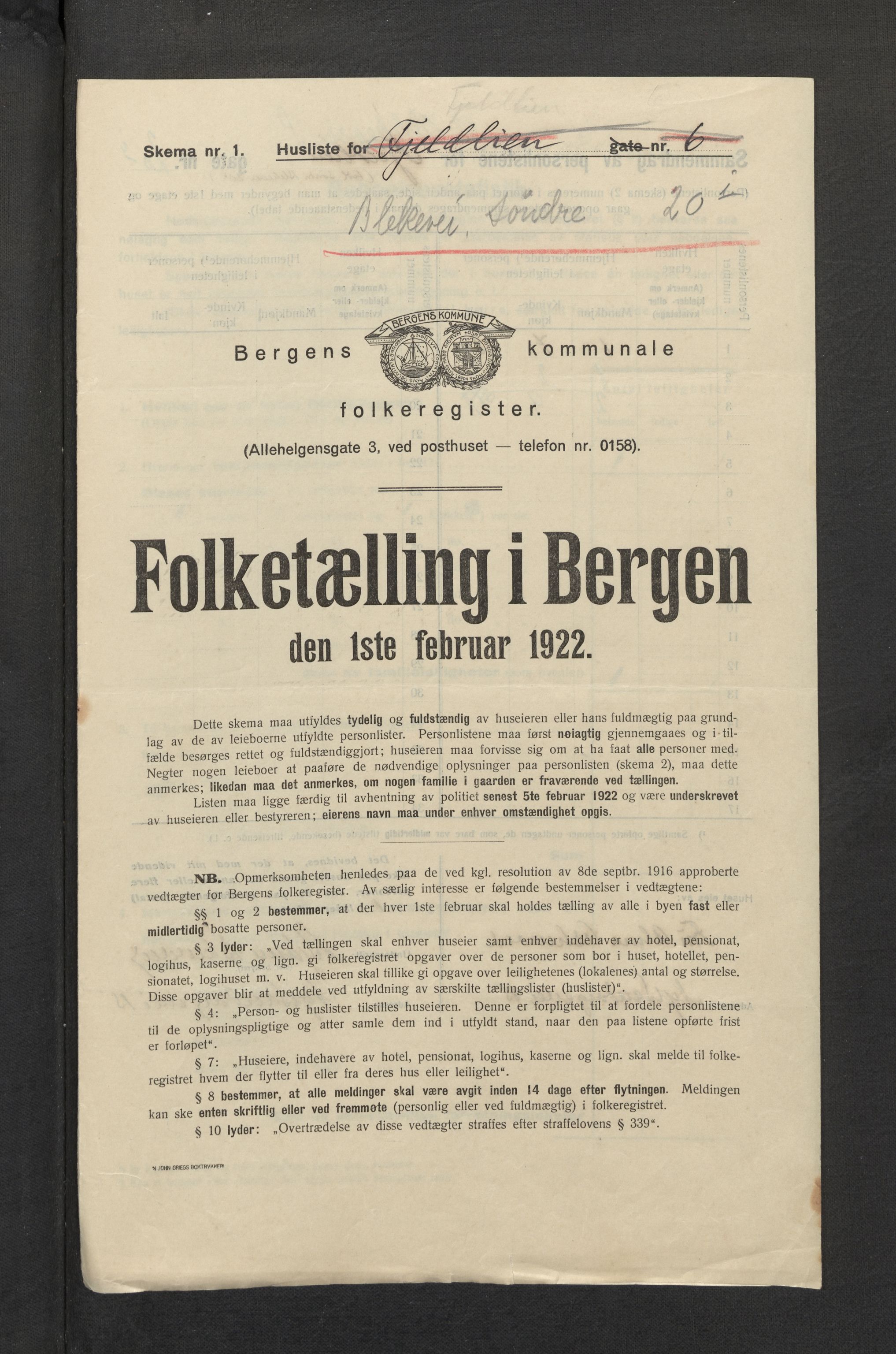SAB, Municipal Census 1922 for Bergen, 1922, p. 3369