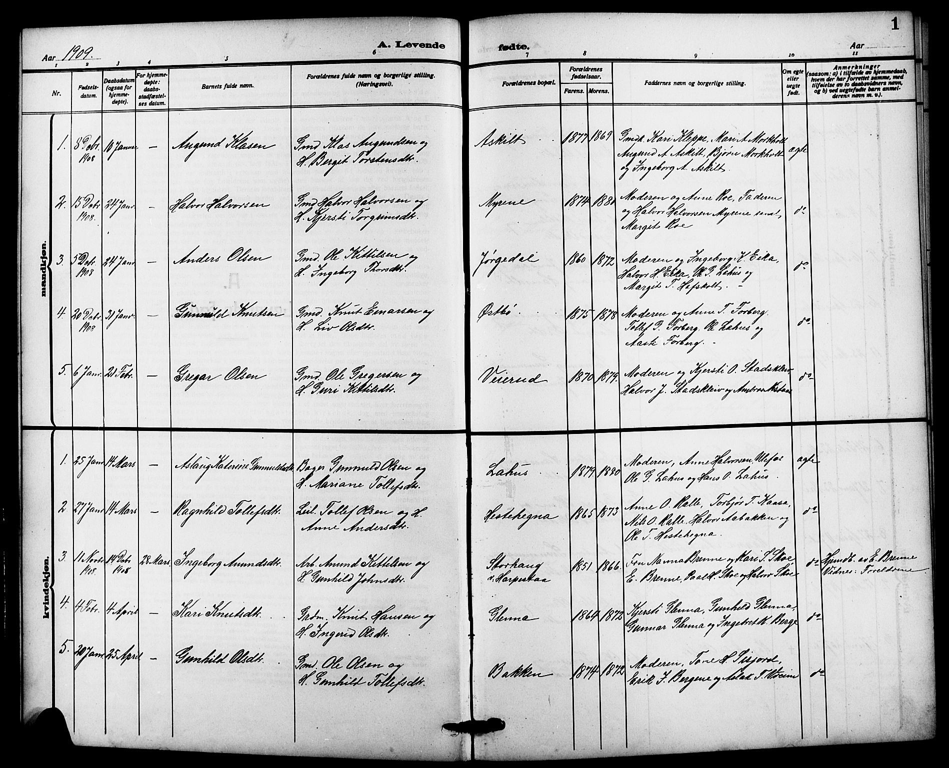 Bø kirkebøker, SAKO/A-257/G/Ga/L0007: Parish register (copy) no. 7, 1909-1924, p. 1