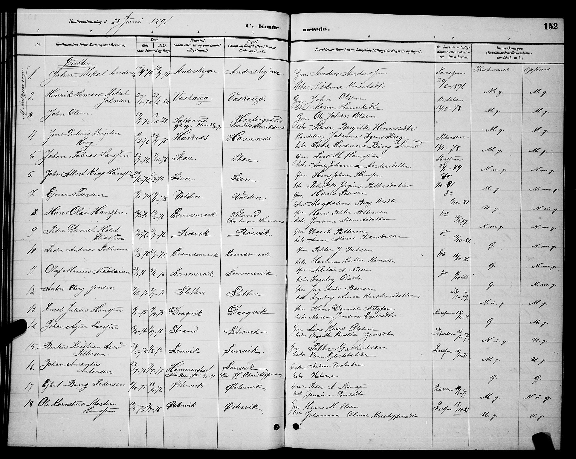 Ministerialprotokoller, klokkerbøker og fødselsregistre - Nordland, SAT/A-1459/863/L0914: Parish register (copy) no. 863C04, 1886-1897, p. 152