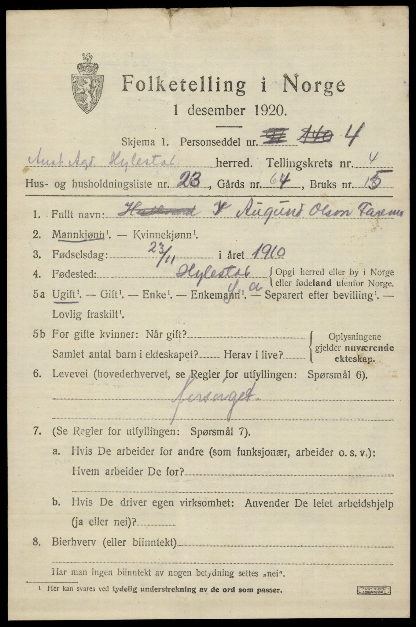 SAK, 1920 census for Hylestad, 1920, p. 1382