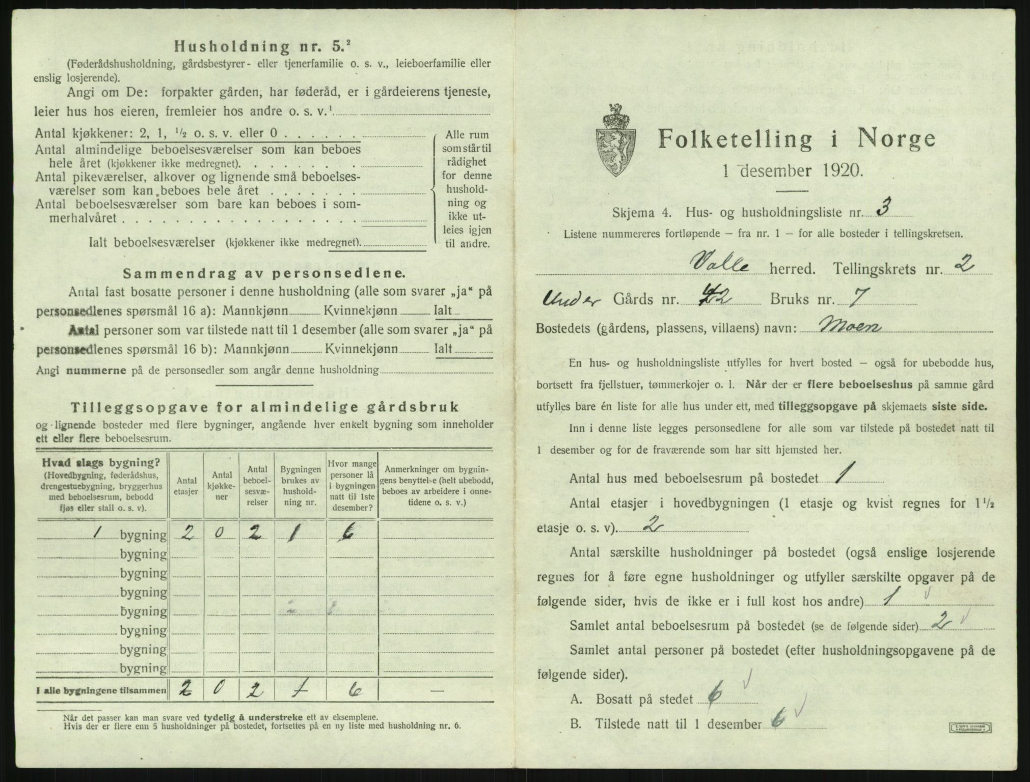 SAK, 1920 census for Valle, 1920, p. 121