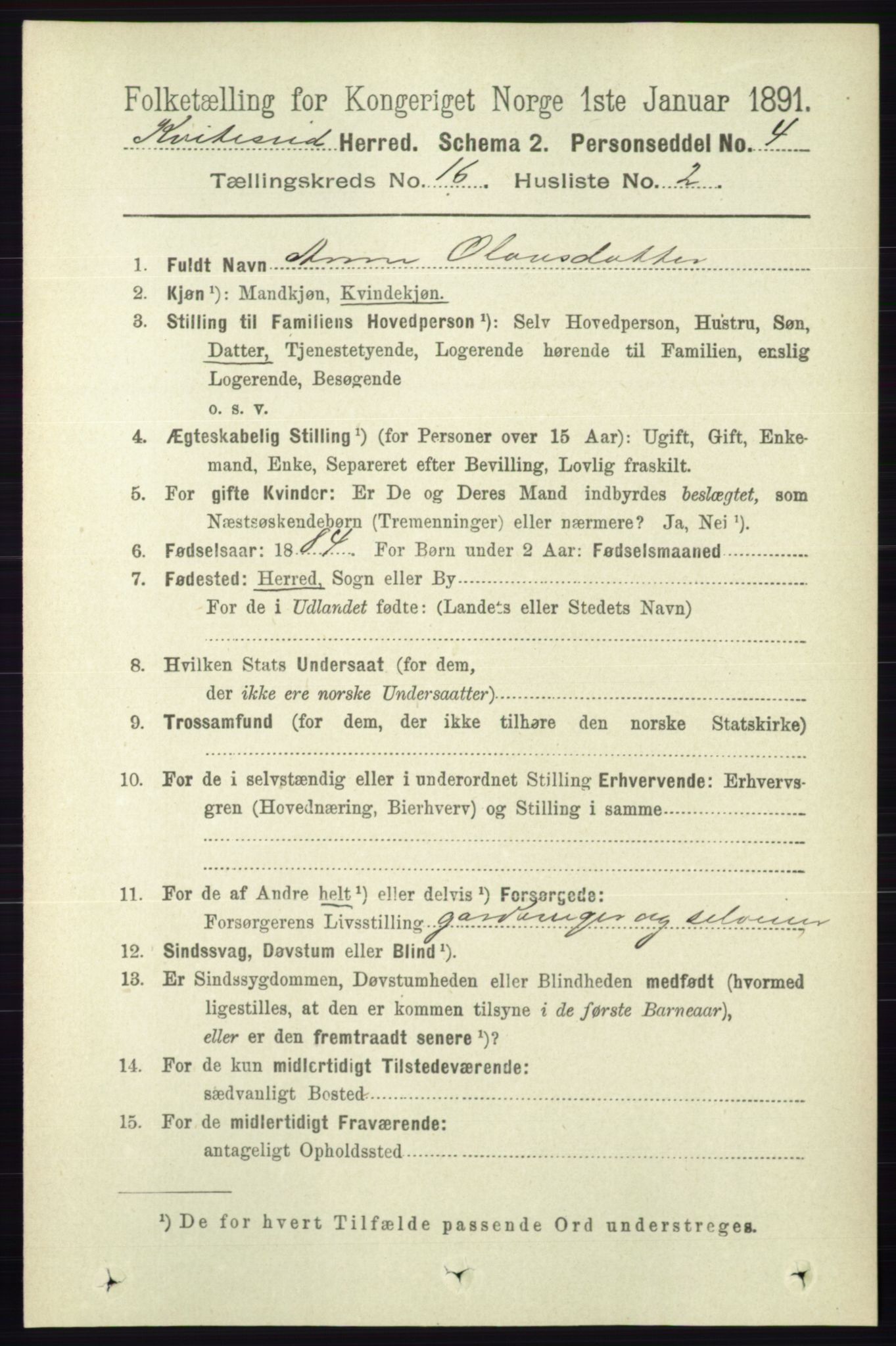 RA, 1891 census for 0829 Kviteseid, 1891, p. 3647