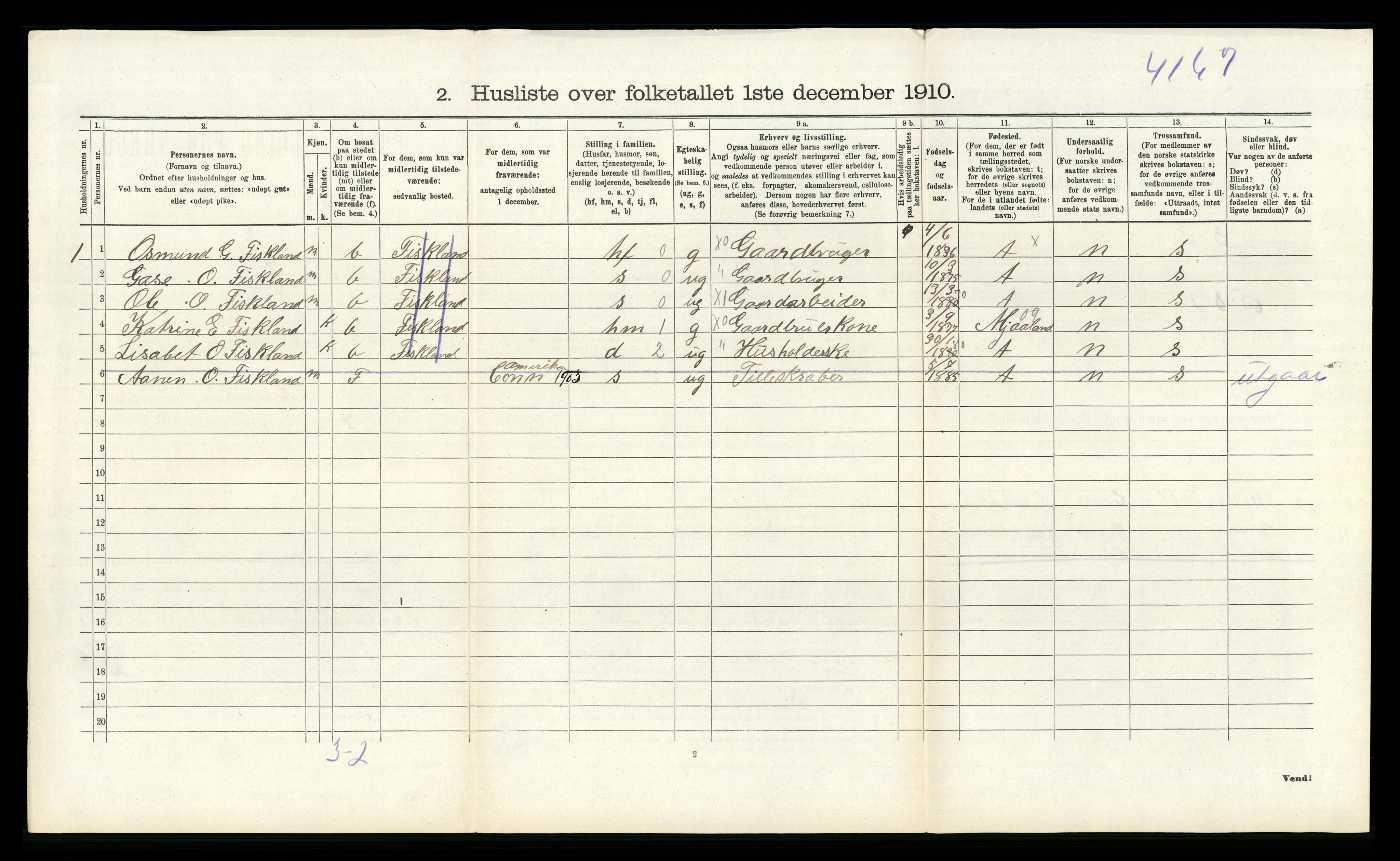 RA, 1910 census for Åseral, 1910, p. 354